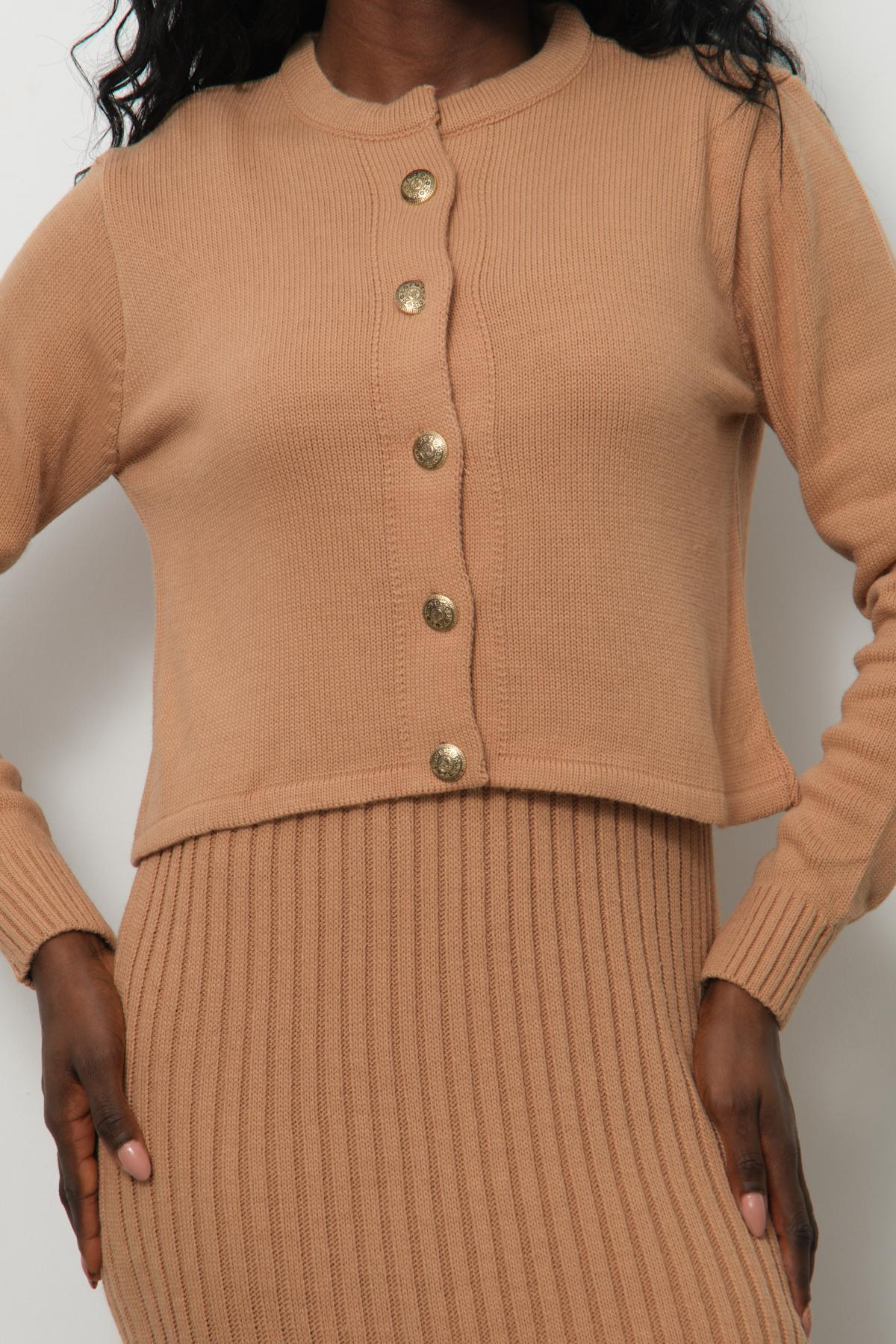 Wholesale Women Beige Knitted Dress and Cardigan Set 713306