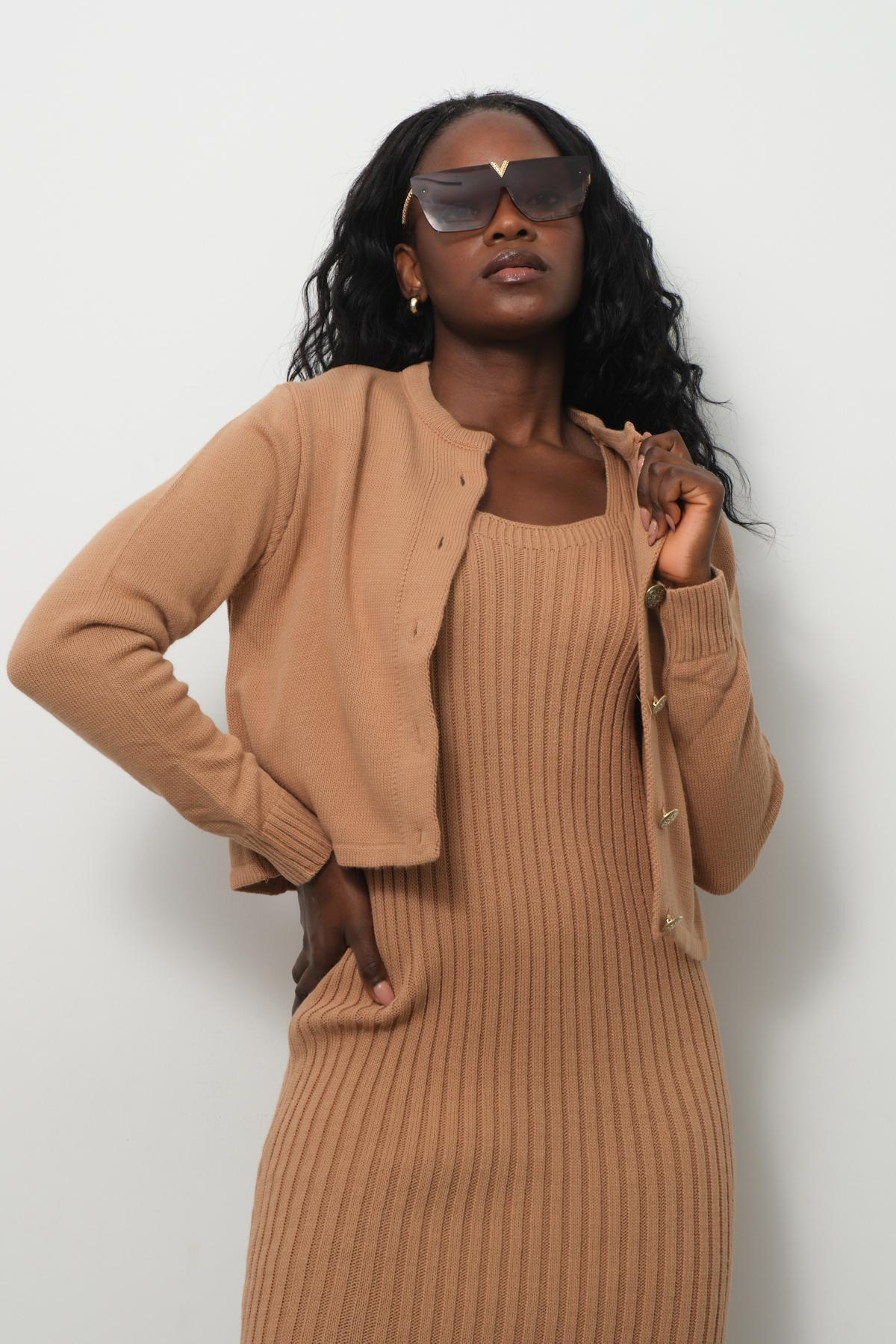 Wholesale Women Beige Knitted Dress and Cardigan Set 713306