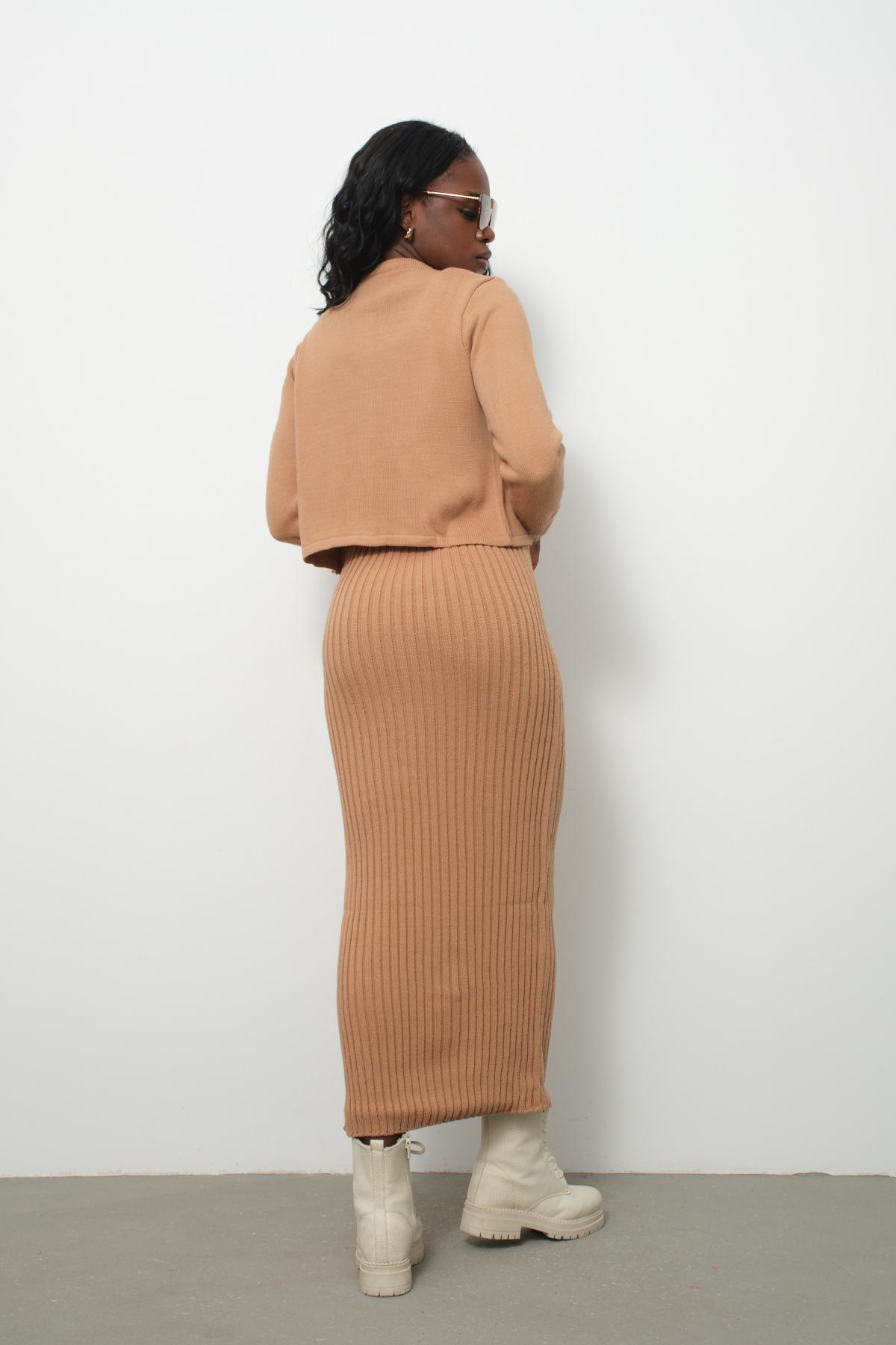 Wholesale Women Beige Knitted Dress and Cardigan Set 713306