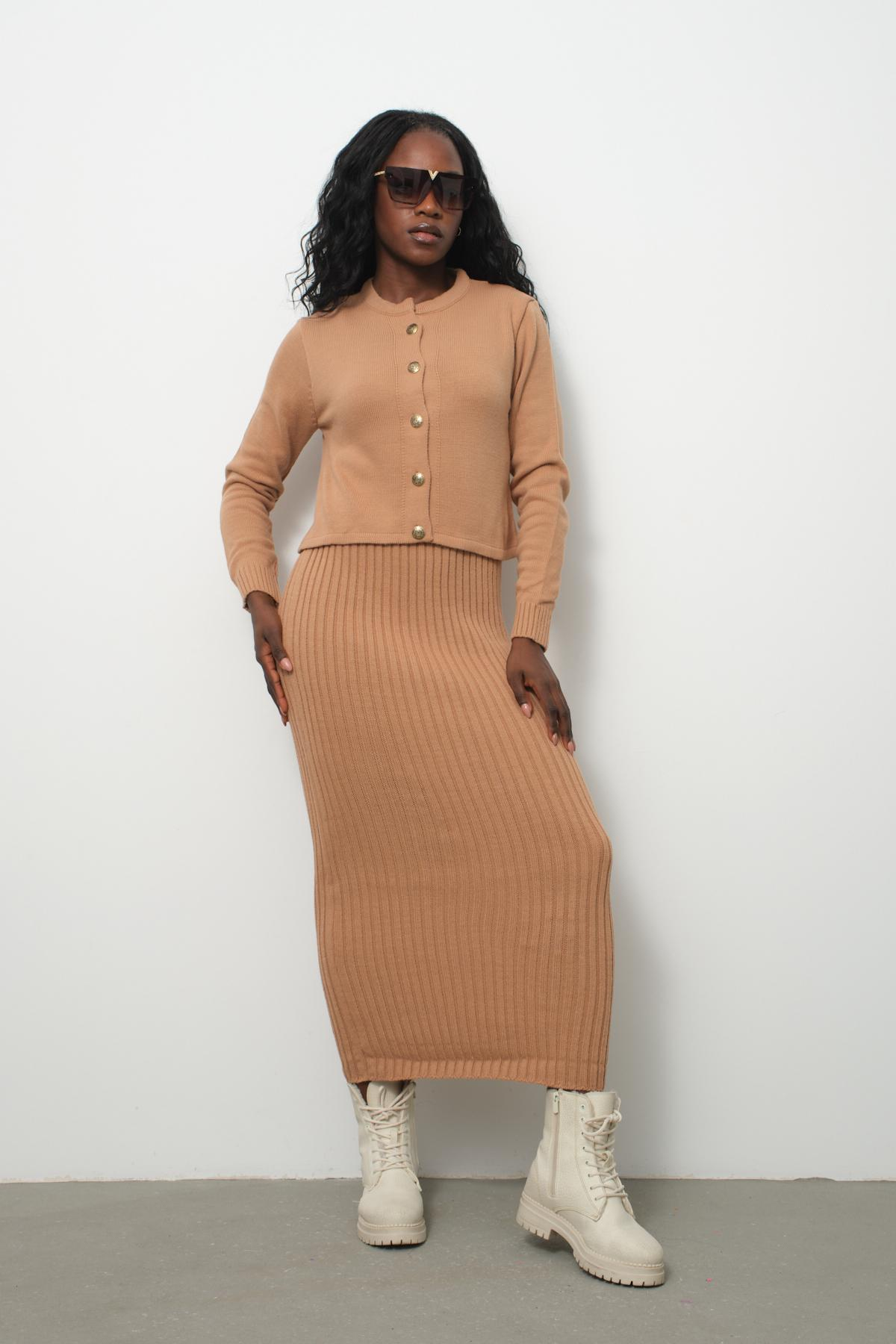 Wholesale Women Beige Knitted Dress and Cardigan Set 713306