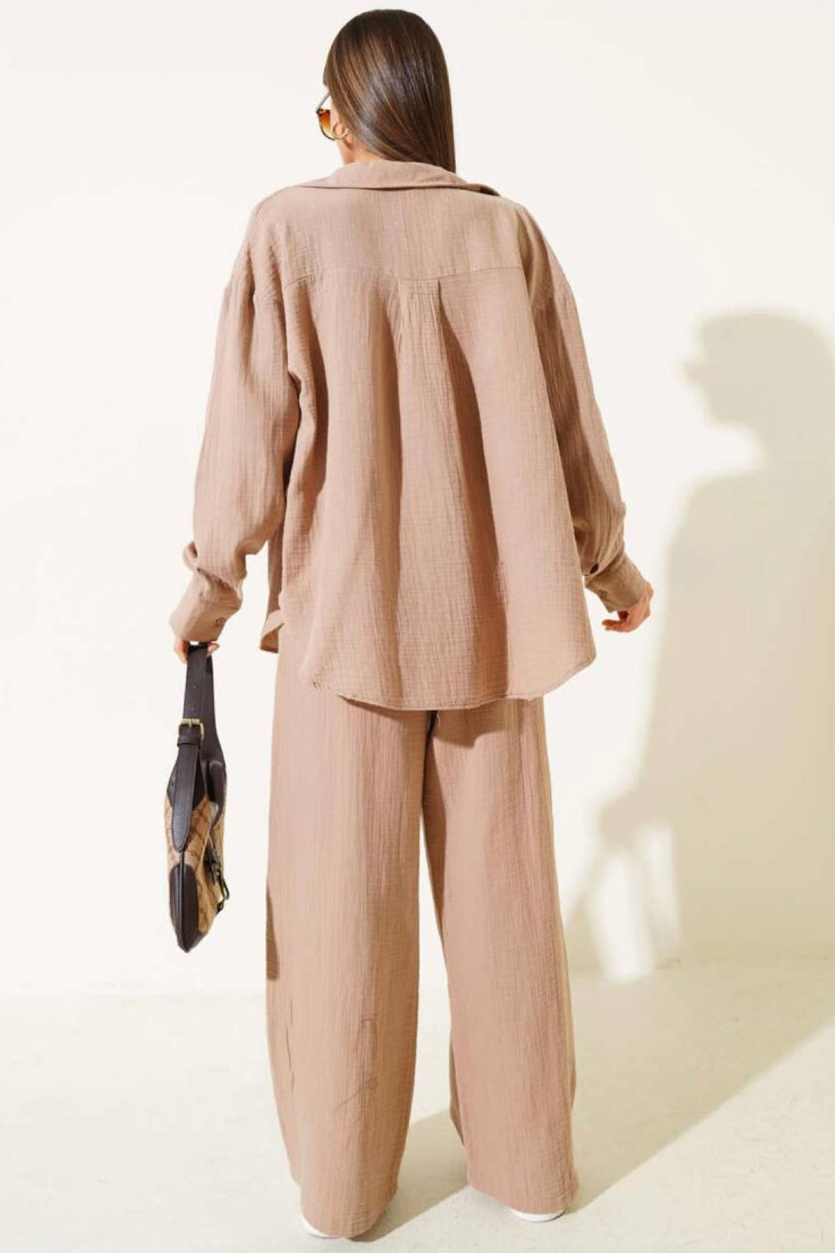 Wholesale Women Beige Muslin Fabric Shirt Trouser Set 731151