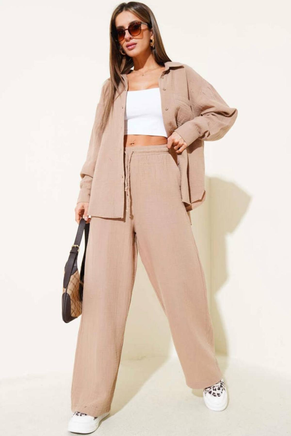 Wholesale Women Beige Muslin Fabric Shirt Trouser Set 731151