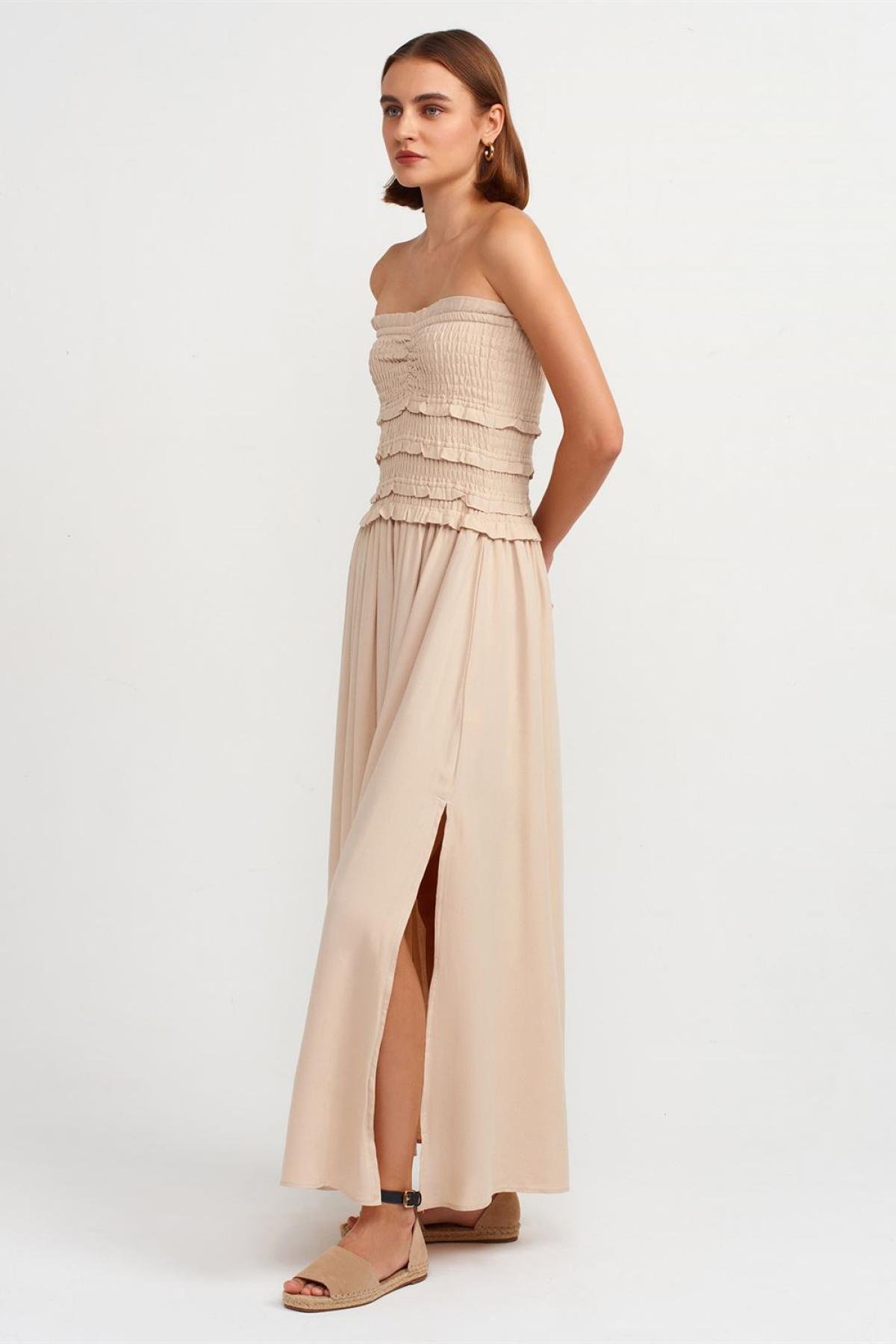 Wholesale Women  Beige Strapless Dress with Gipe Detail 707339