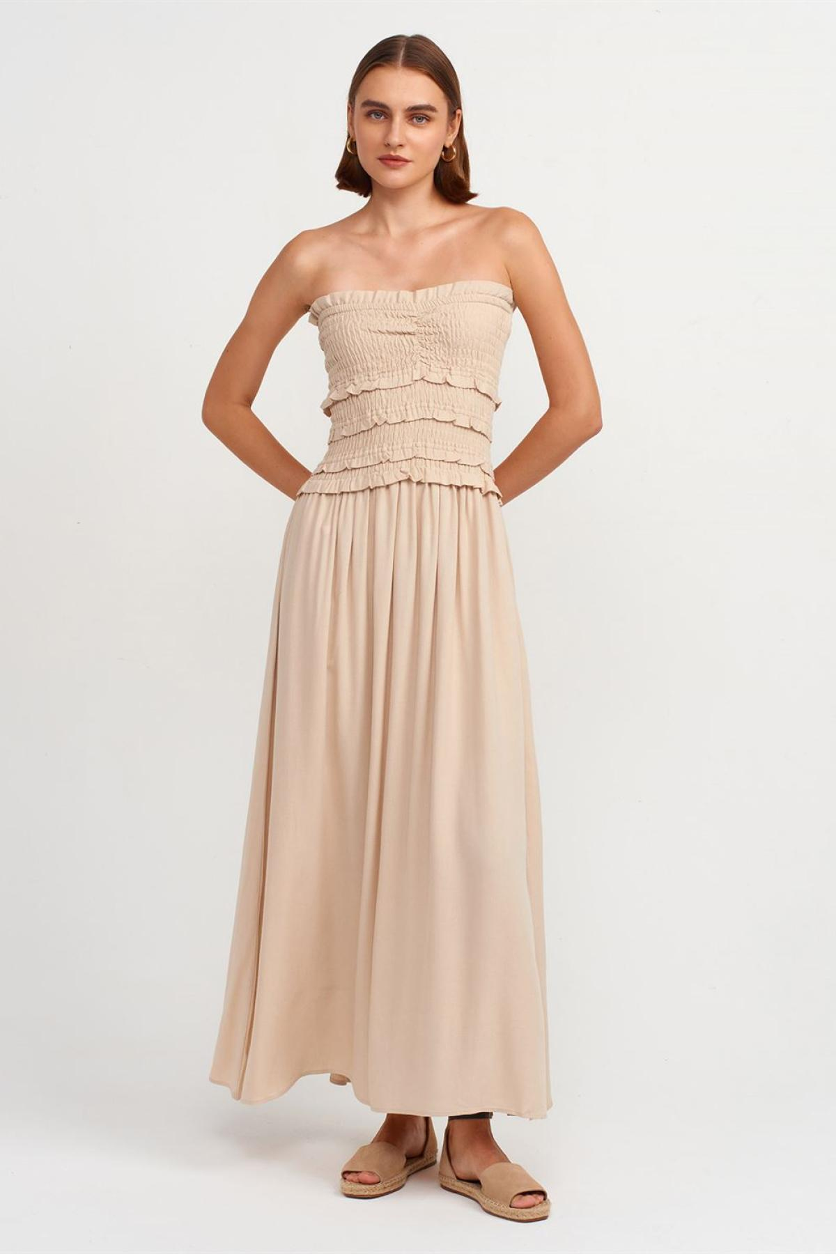 Wholesale Women  Beige Strapless Dress with Gipe Detail 707339