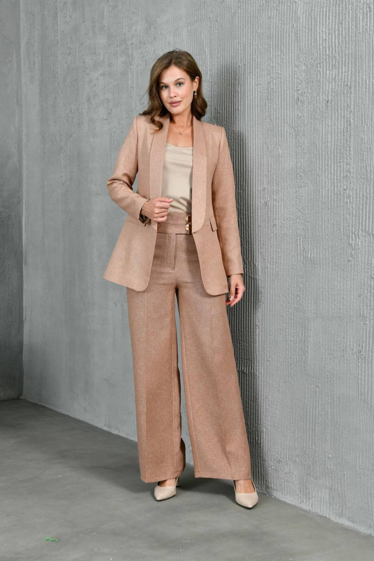 Wholesale Women Beige Two Piece Suit - Blazer and Pants Set 733427