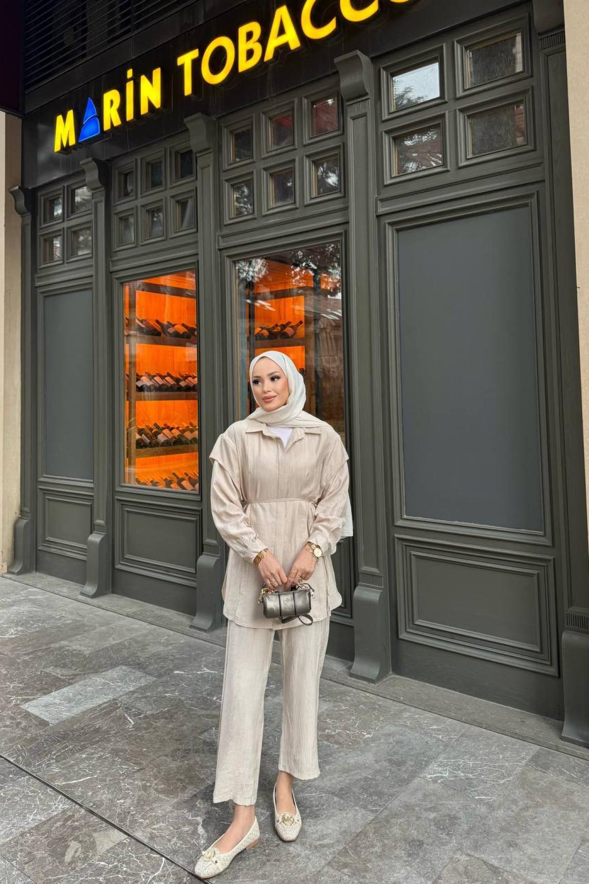 Wholesale Women Beige Two Piece Suit Shirt and Pants Set 730909