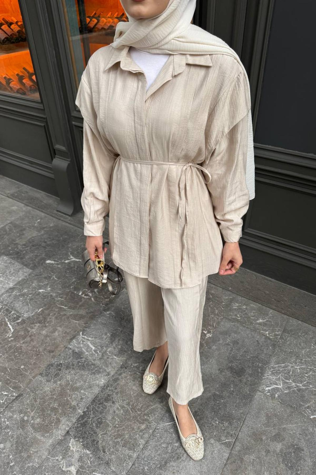 Wholesale Women Beige Two Piece Suit Shirt and Pants Set 730909