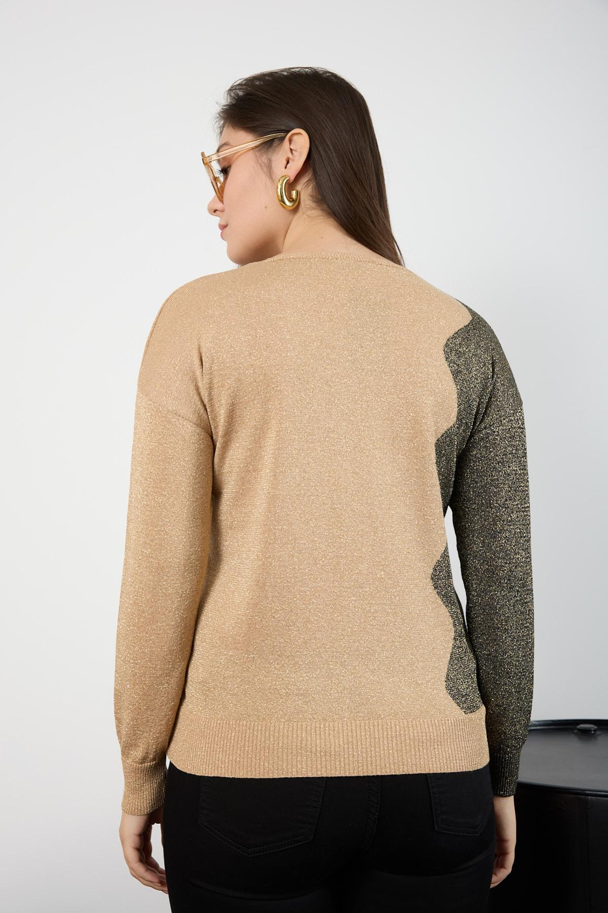 Wholesale Women Beige Two Tone Glittery V-Neck Knit Blouse 725245