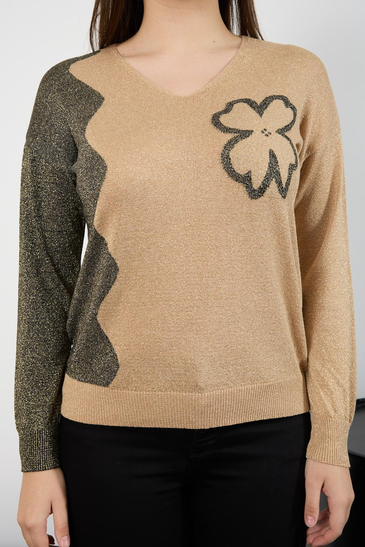 Wholesale Women Beige Two Tone Glittery V-Neck Knit Blouse 725245