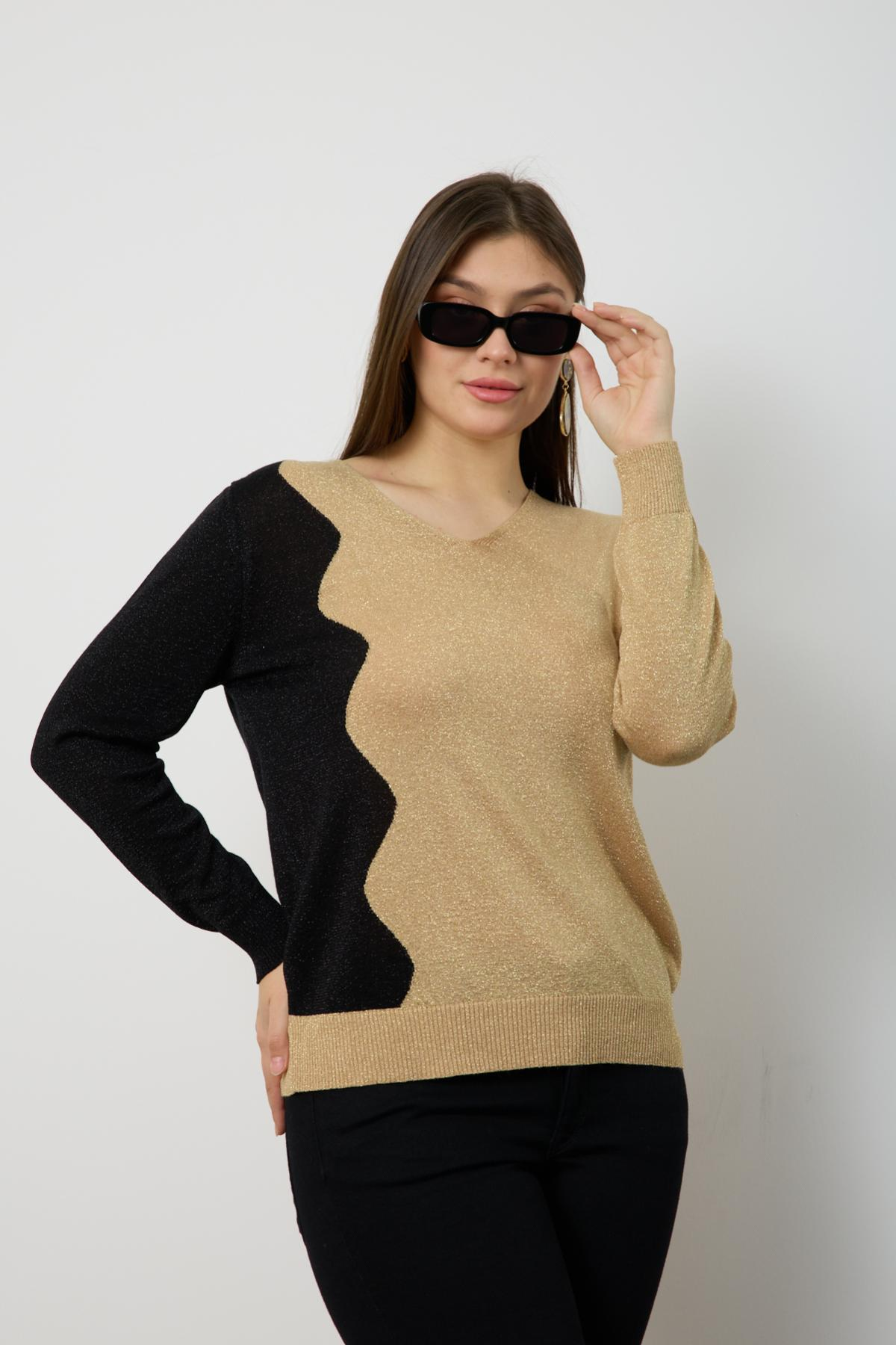 Wholesale Women Beige Two Tone Glittery V-Neck Knit Blouse 724832