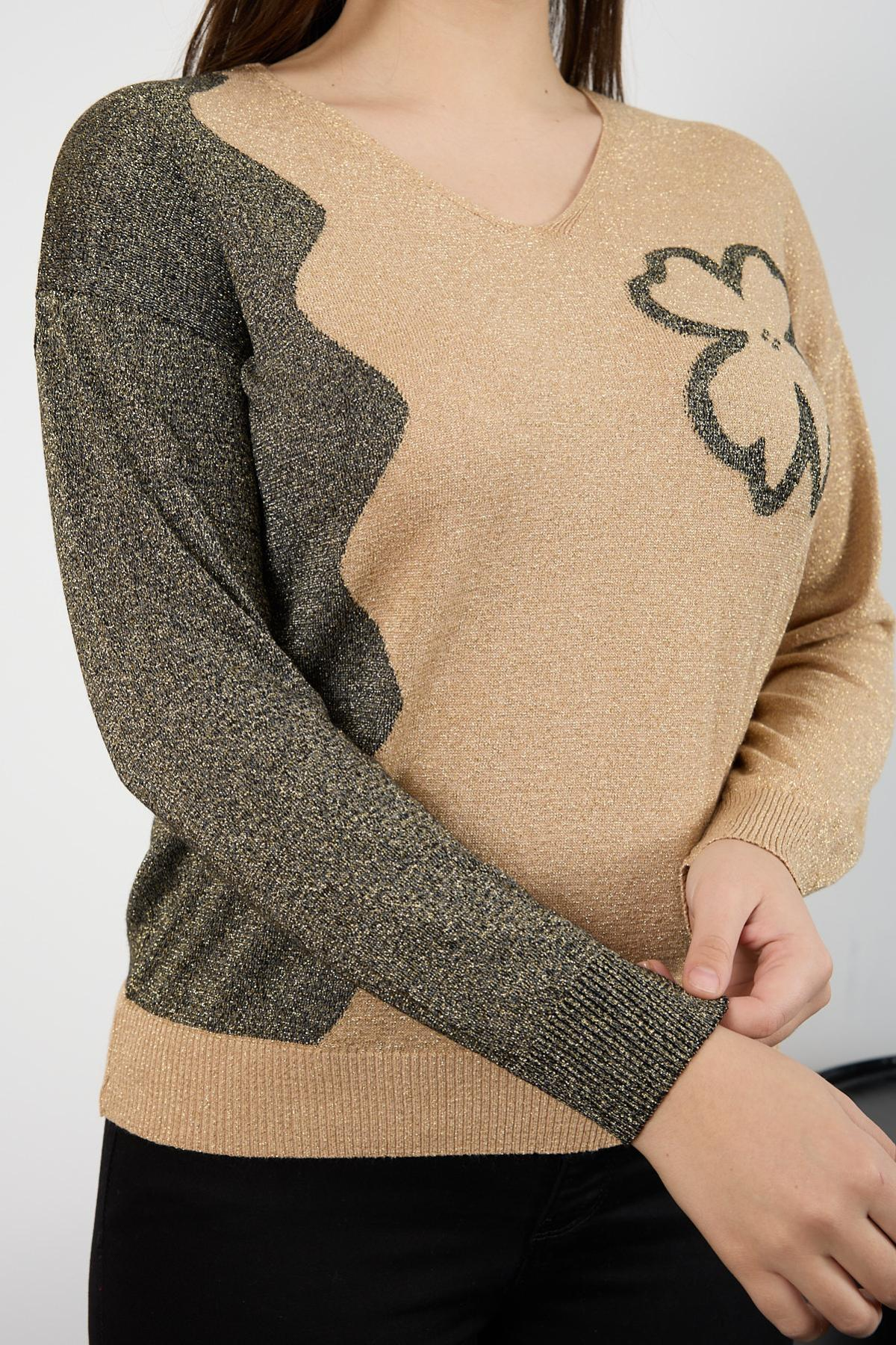 Wholesale Women Beige Two Tone Glittery V-Neck Knit Blouse 725245