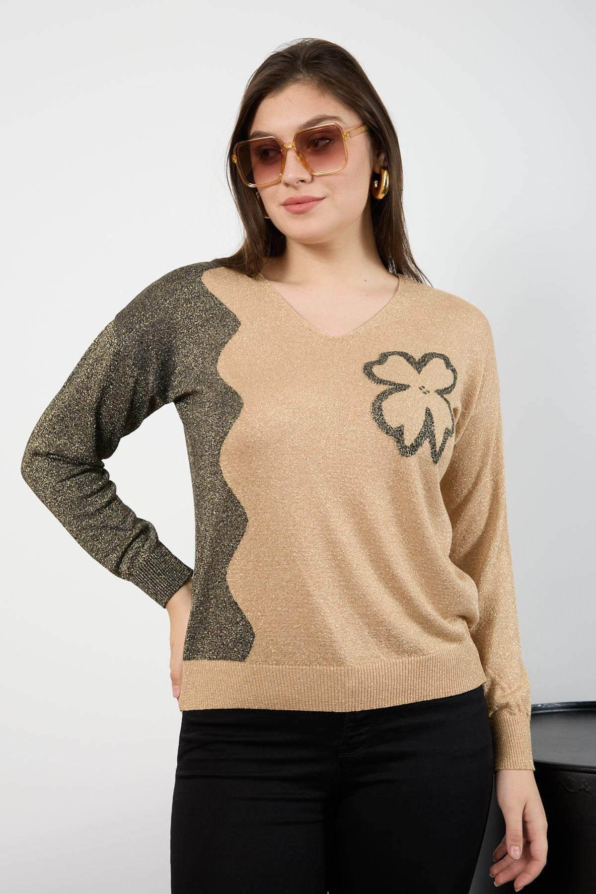 Wholesale Women Beige Two Tone Glittery V-Neck Knit Blouse 725245