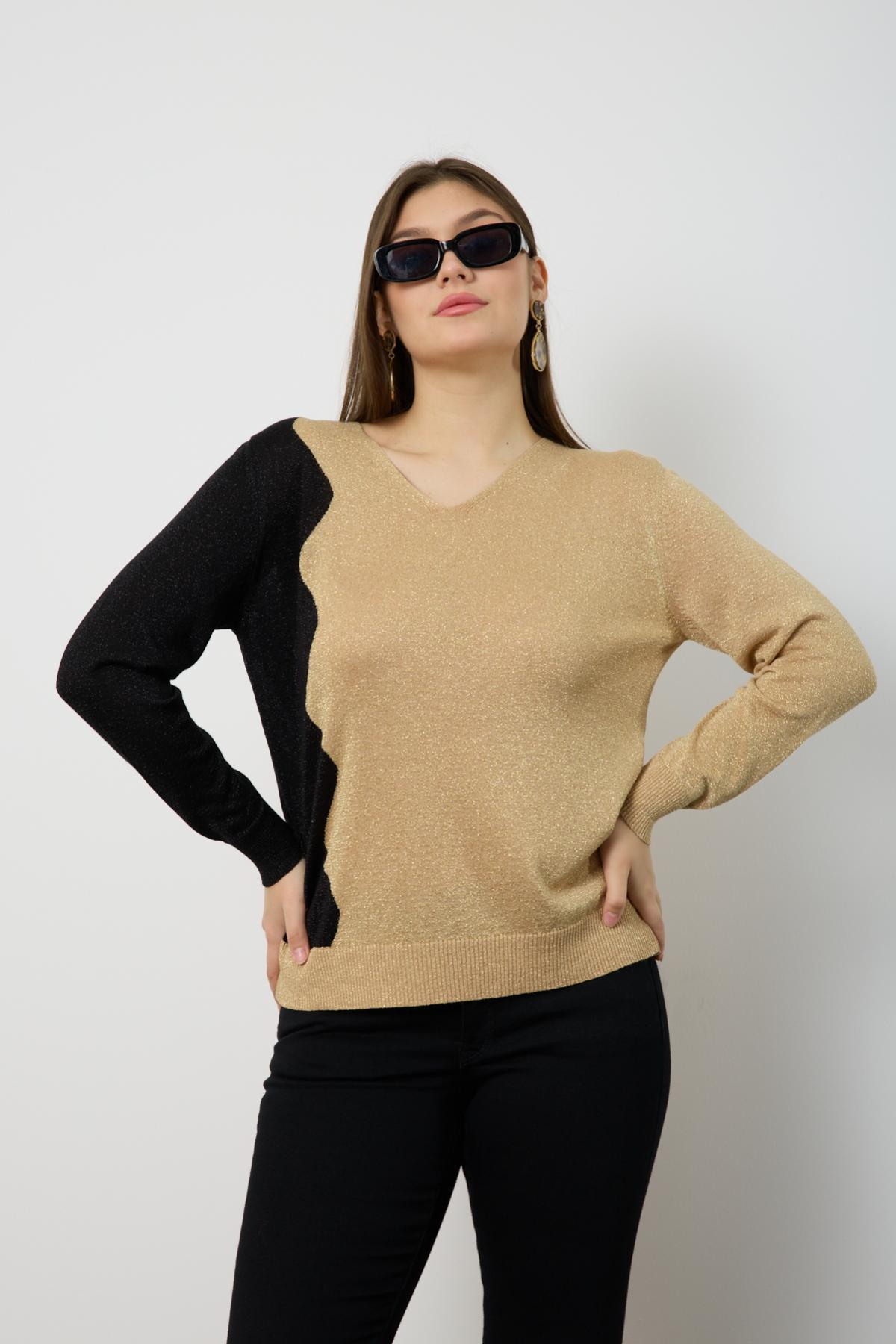 Wholesale Women Beige Two Tone Glittery V-Neck Knit Blouse 724832
