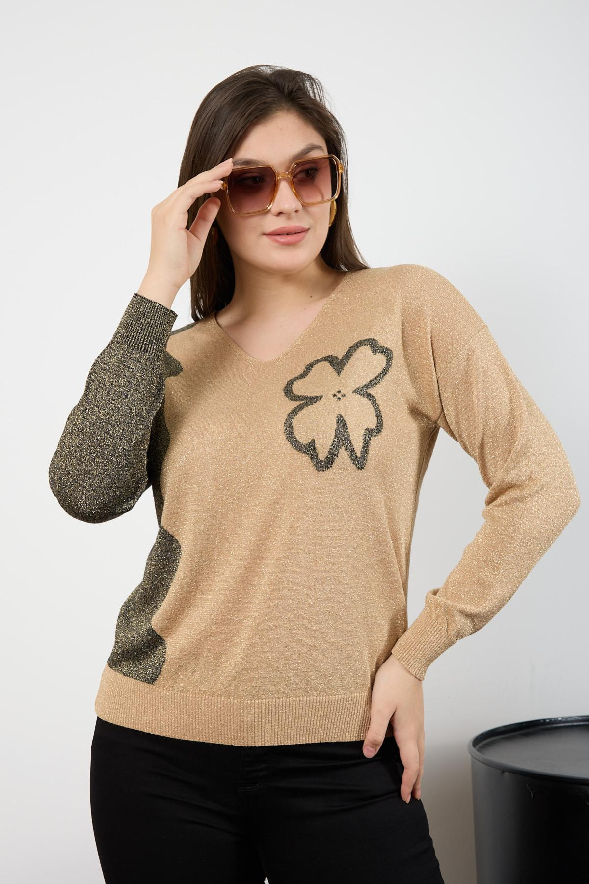 Wholesale Women Beige Two Tone Glittery V-Neck Knit Blouse 725245