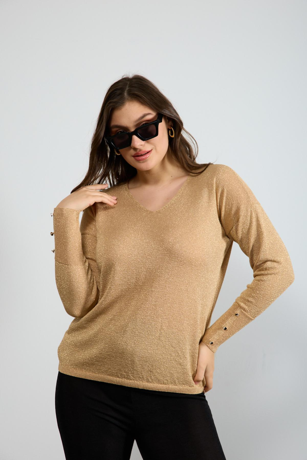 Wholesale Women Biscuit Glittery V Neck Knit Blouse with Wide Cuffs 724843