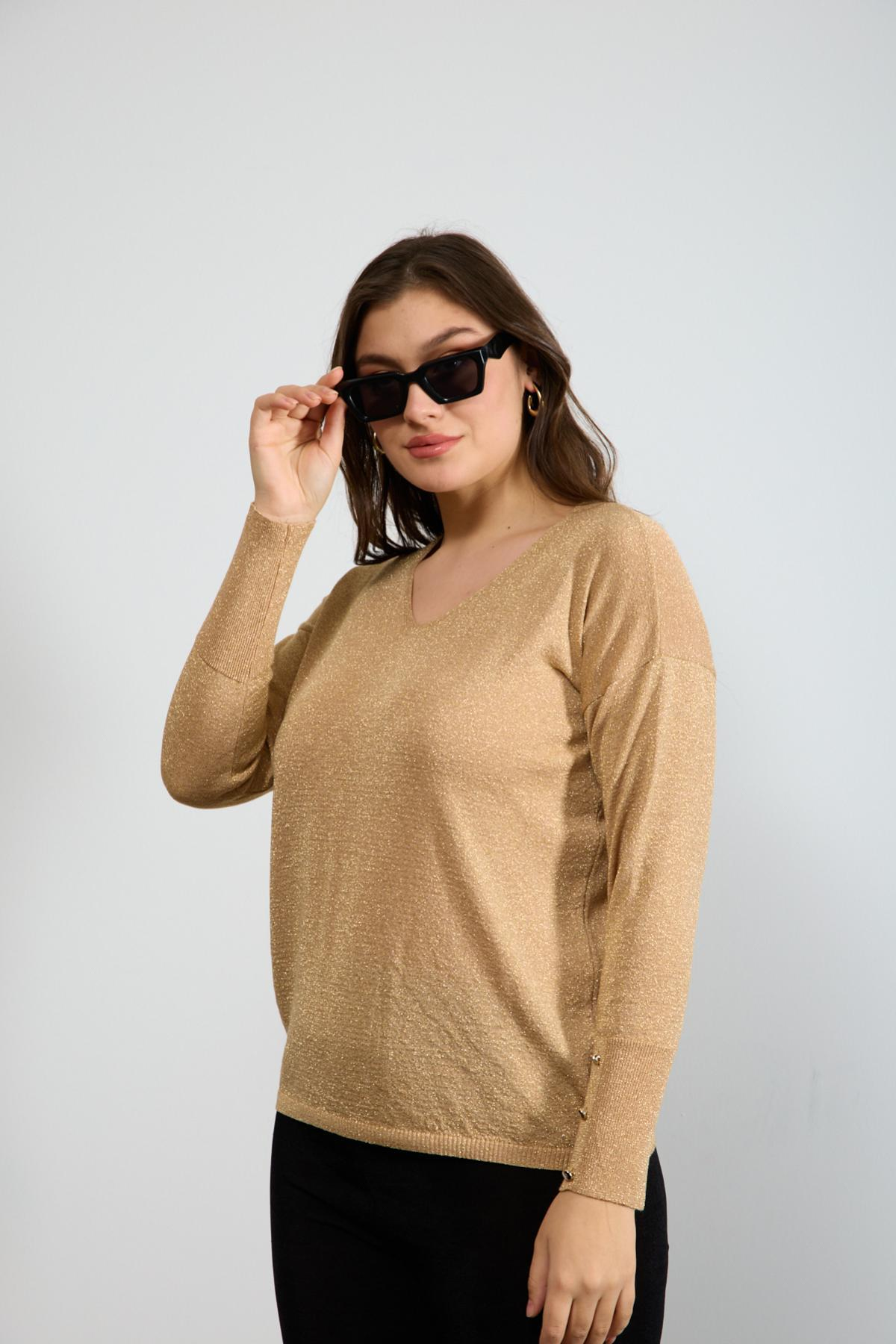 Wholesale Women Biscuit Glittery V Neck Knit Blouse with Wide Cuffs 724843