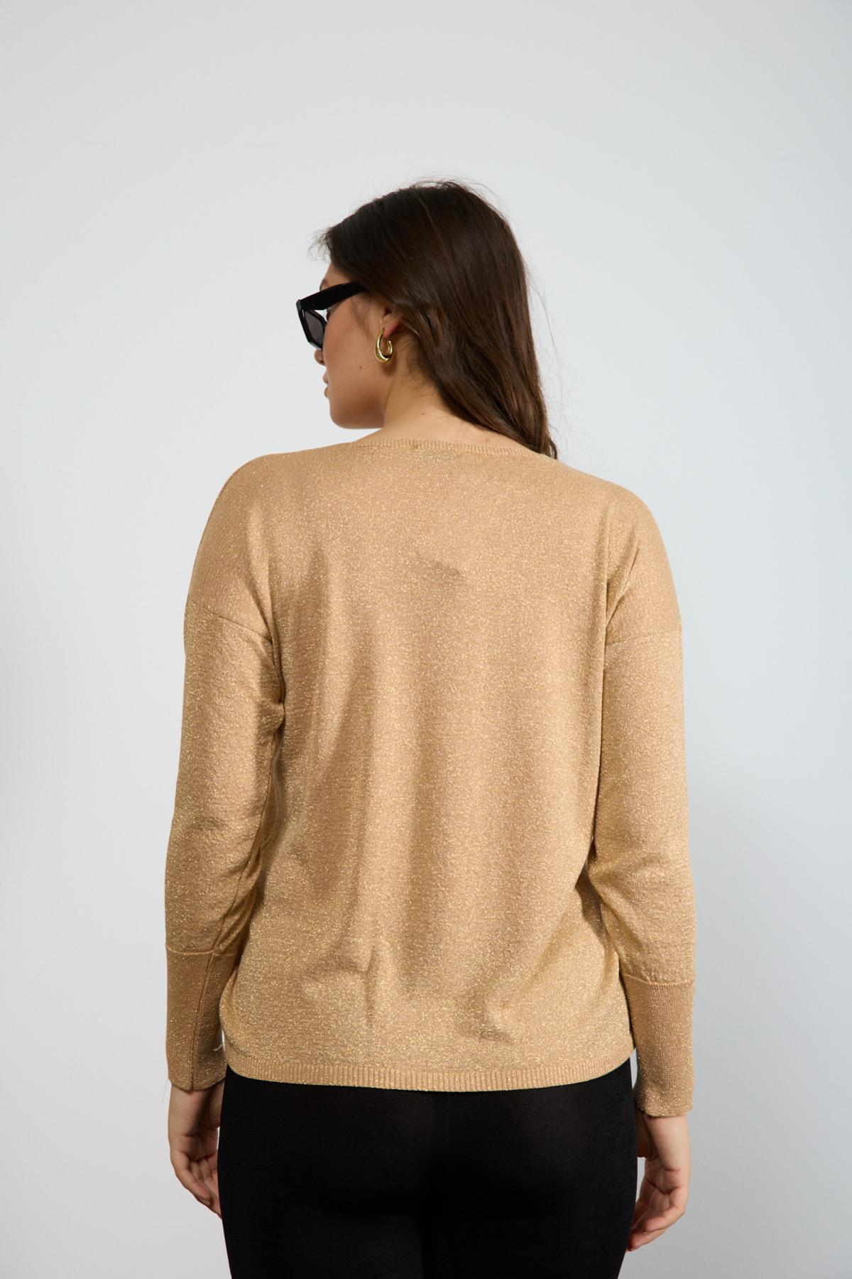 Wholesale Women Biscuit Glittery V Neck Knit Blouse with Wide Cuffs 724843