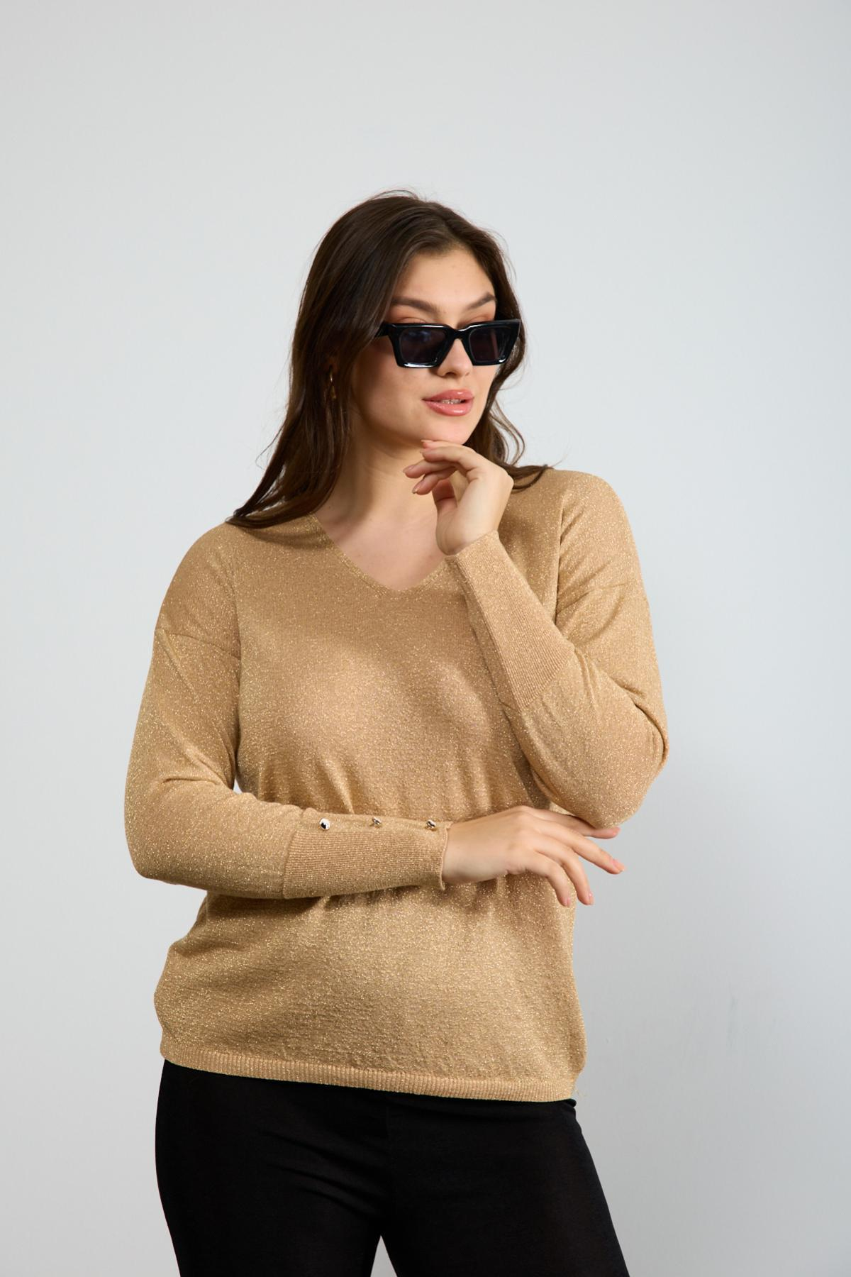 Wholesale Women Biscuit Glittery V Neck Knit Blouse with Wide Cuffs 724843