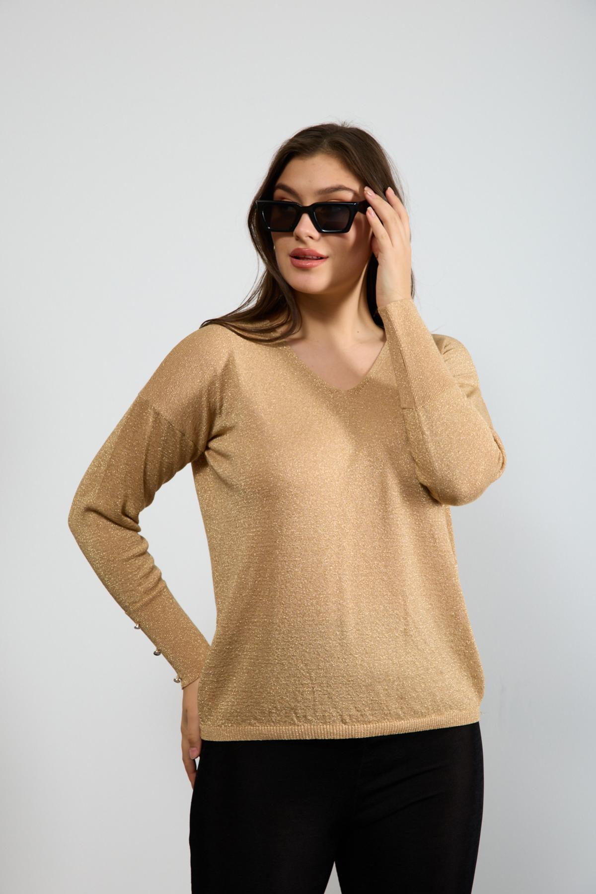 Wholesale Women Biscuit Glittery V Neck Knit Blouse with Wide Cuffs 724843