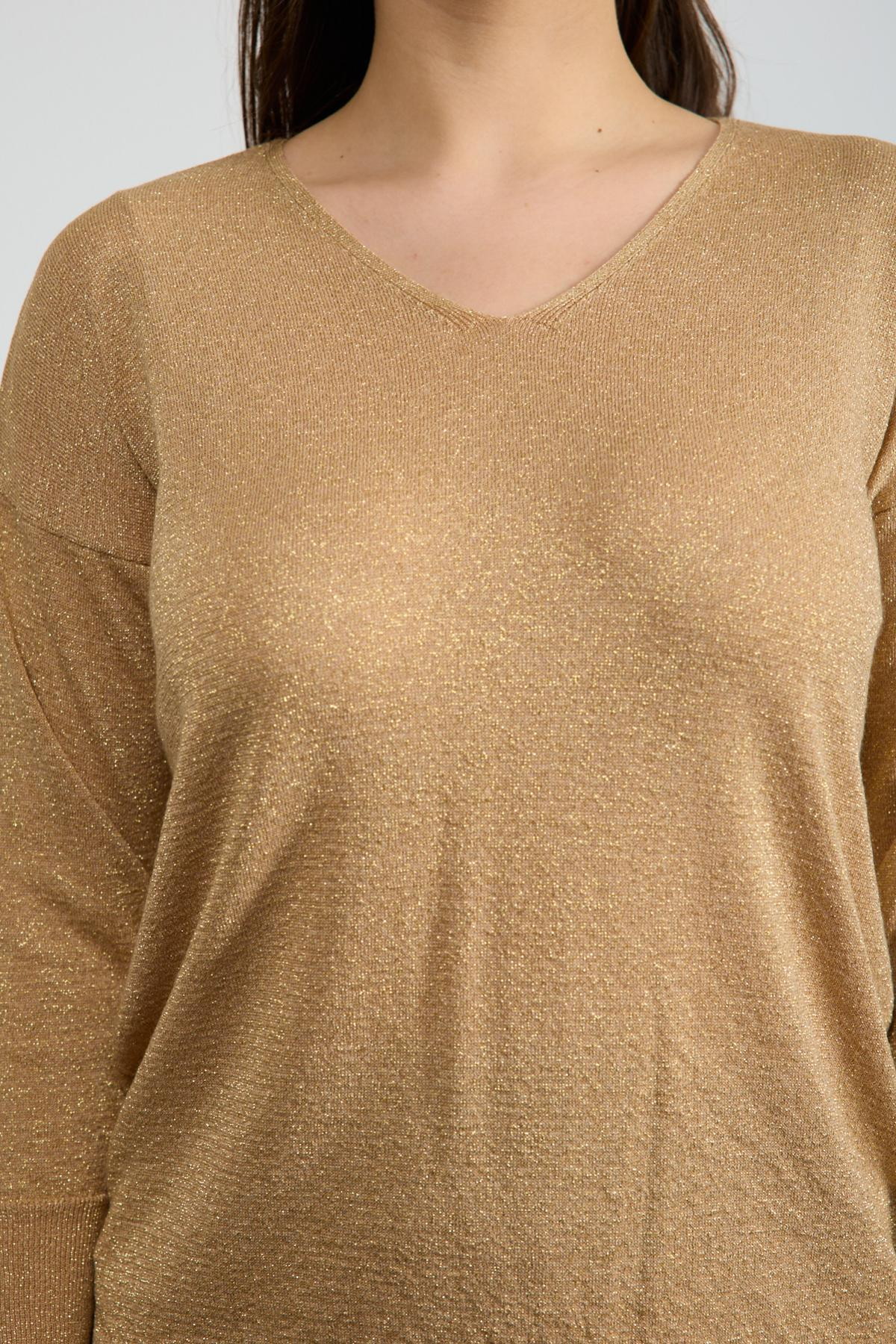 Wholesale Women Biscuit Glittery V Neck Knit Blouse with Wide Cuffs 724843