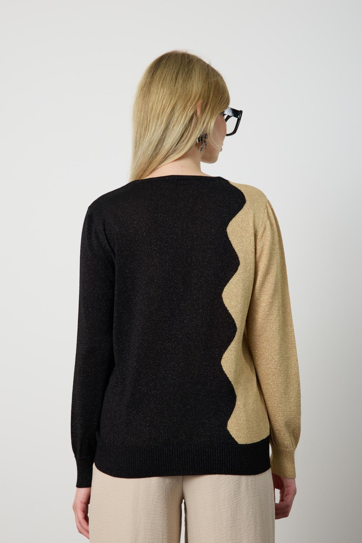 Wholesale Women Black-Beige Two Tone Glittery V-Neck Knit Blouse 724831