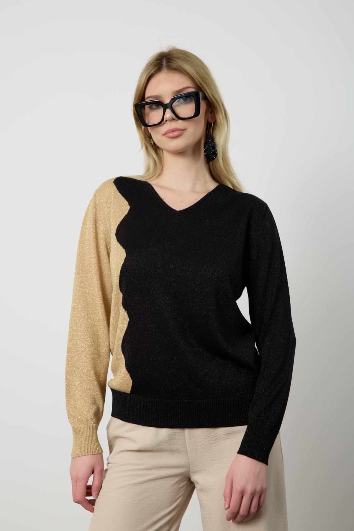 Wholesale Women Black-Beige Two Tone Glittery V-Neck Knit Blouse 724831