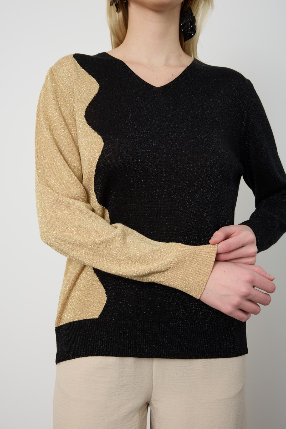 Wholesale Women Black-Beige Two Tone Glittery V-Neck Knit Blouse 724831