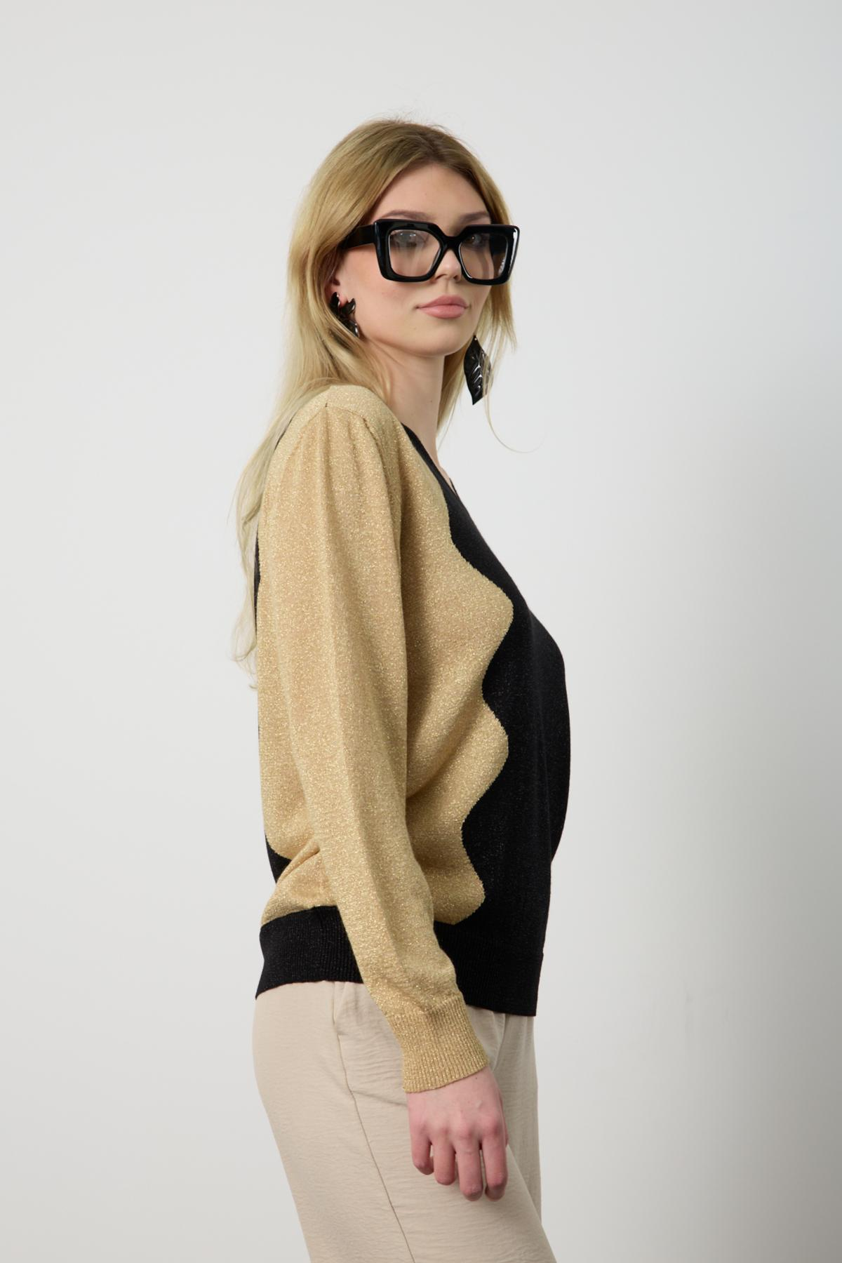 Wholesale Women Black-Beige Two Tone Glittery V-Neck Knit Blouse 724831