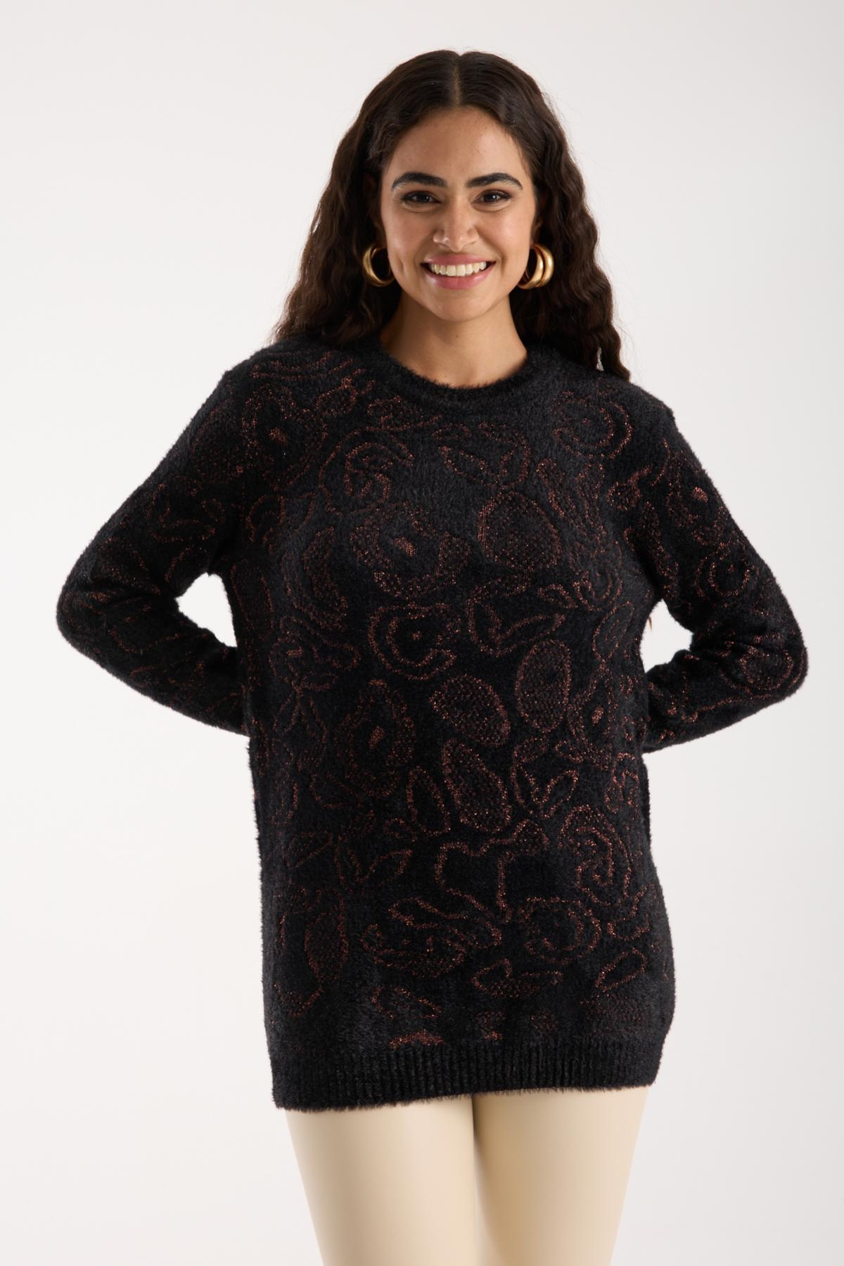 Wholesale Women Black-Brown Lurex Crew-Neck Knit Blouse with Side Slits 738854