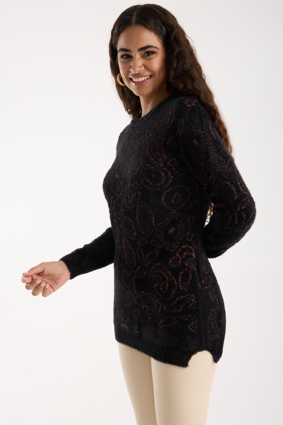 Wholesale Women Black-Brown Lurex Crew-Neck Knit Blouse with Side Slits 738854