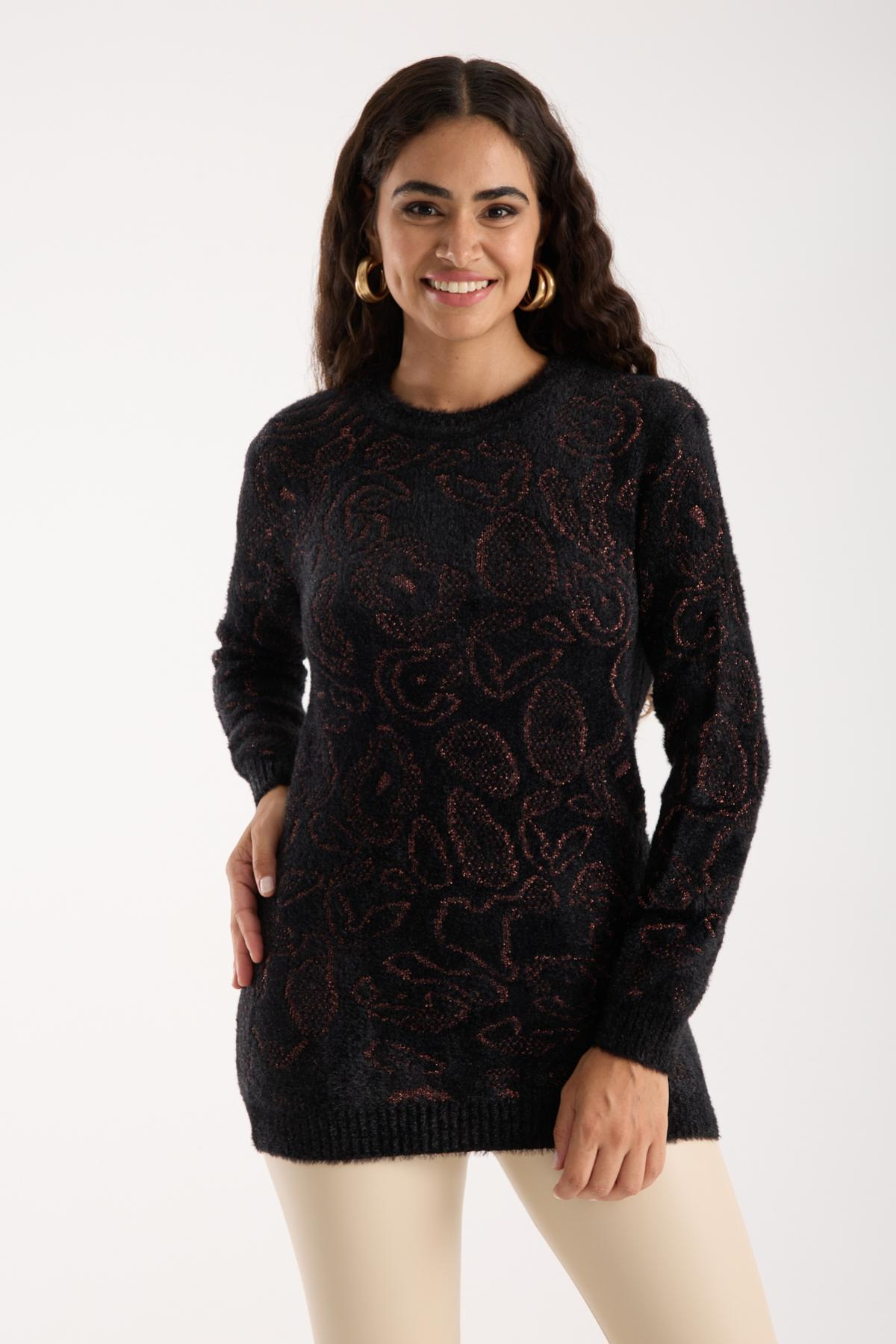 Wholesale Women Black-Brown Lurex Crew-Neck Knit Blouse with Side Slits 738854