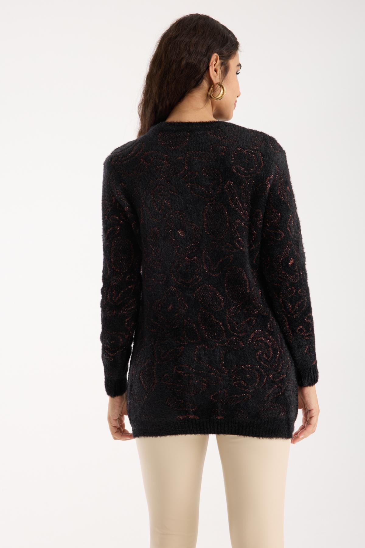 Wholesale Women Black-Brown Lurex Crew-Neck Knit Blouse with Side Slits 738854