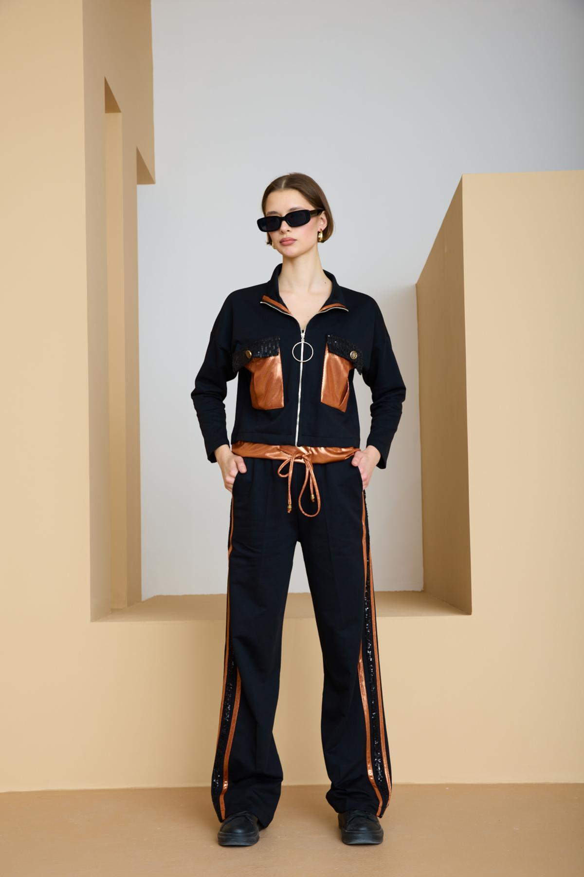 Wholesale Women Black-Copper Zip Up Cropped Jacket and Side Stripes Pants Set 729238