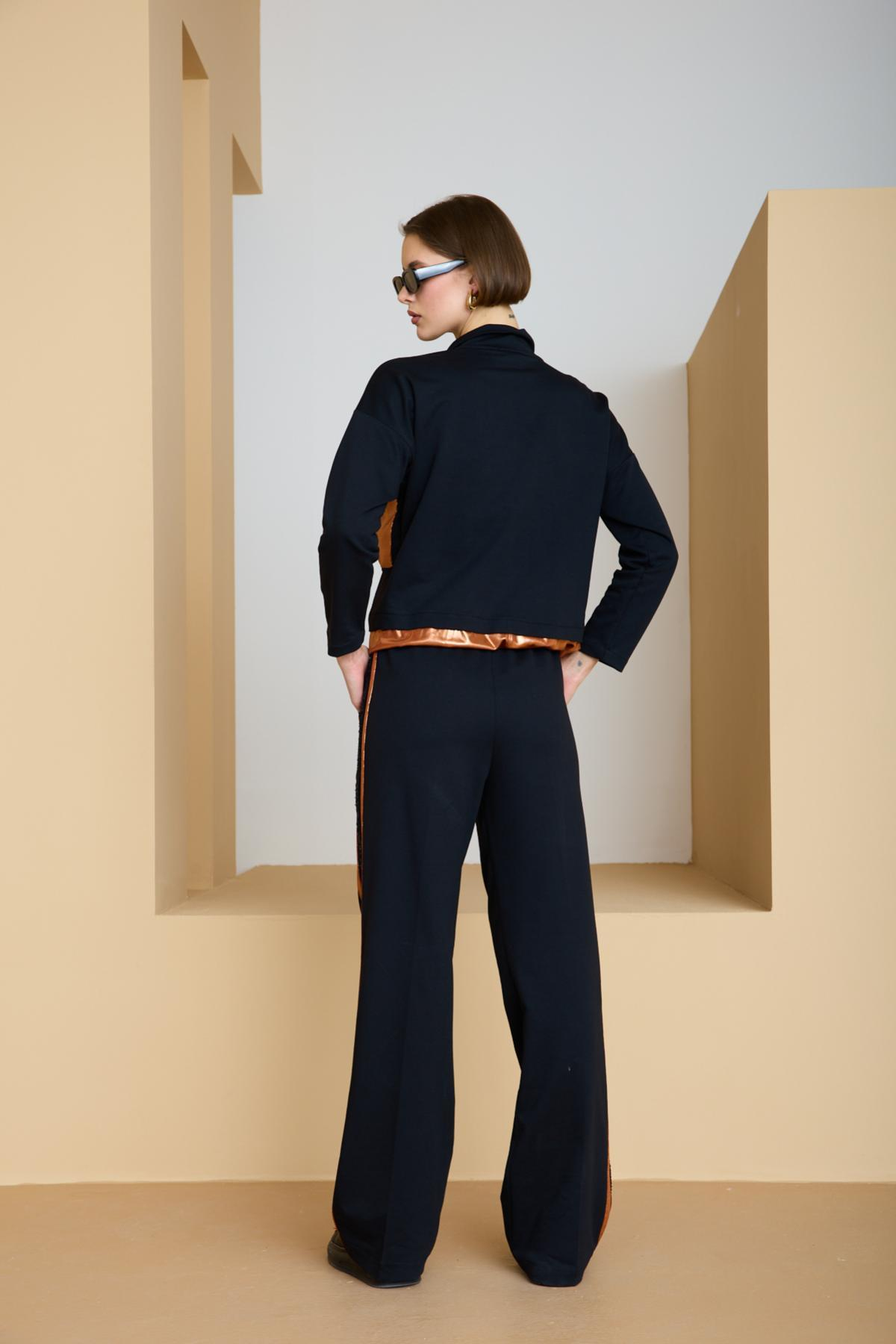 Wholesale Women Black-Copper Zip Up Cropped Jacket and Side Stripes Pants Set 729238