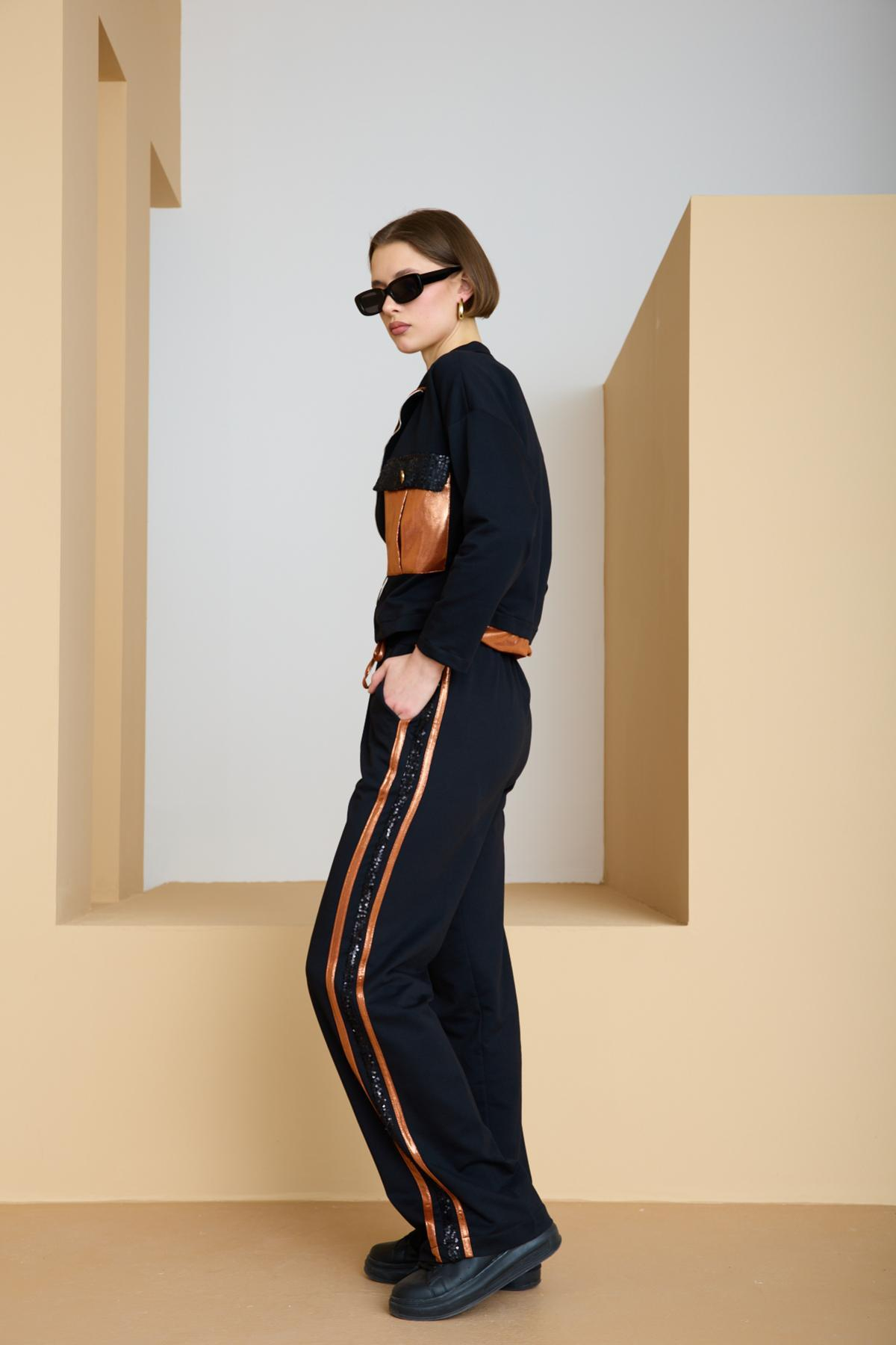 Wholesale Women Black-Copper Zip Up Cropped Jacket and Side Stripes Pants Set 729238
