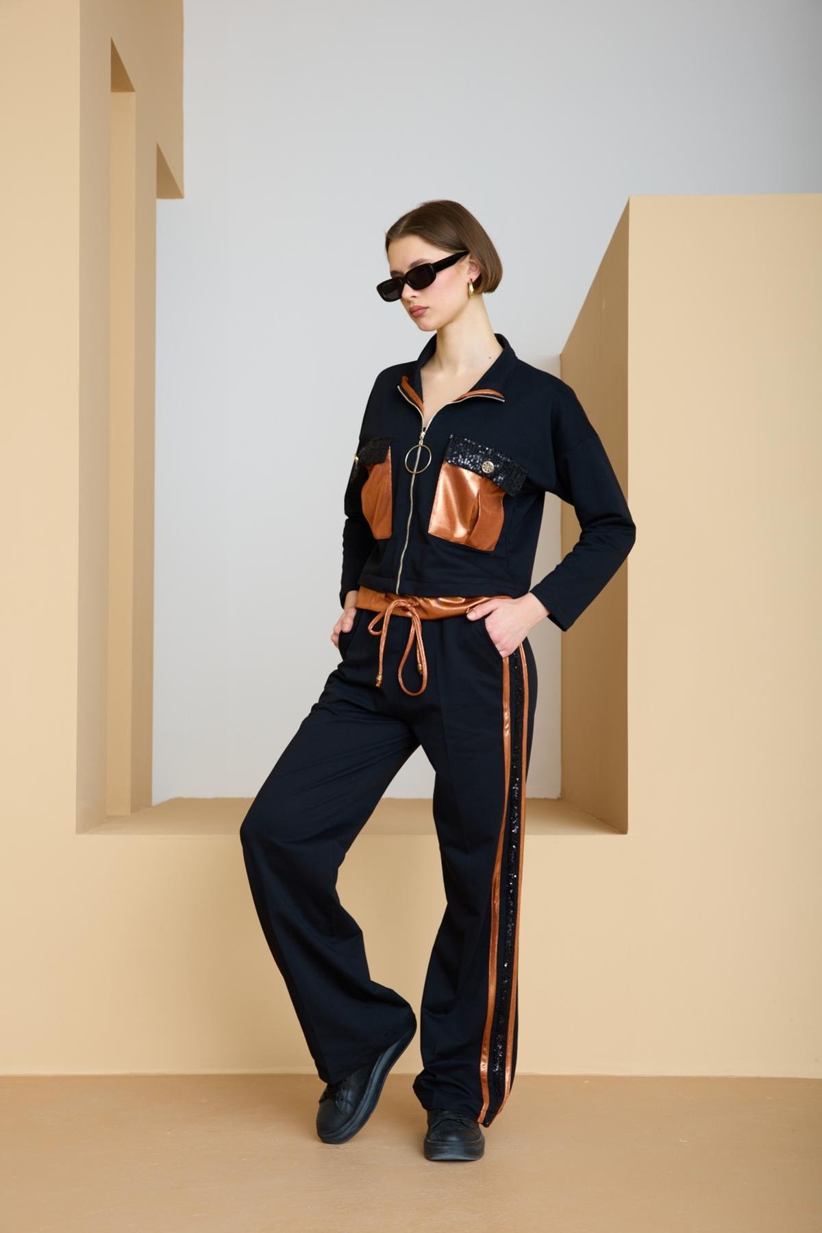 Wholesale Women Black-Copper Zip Up Cropped Jacket and Side Stripes Pants Set 729238