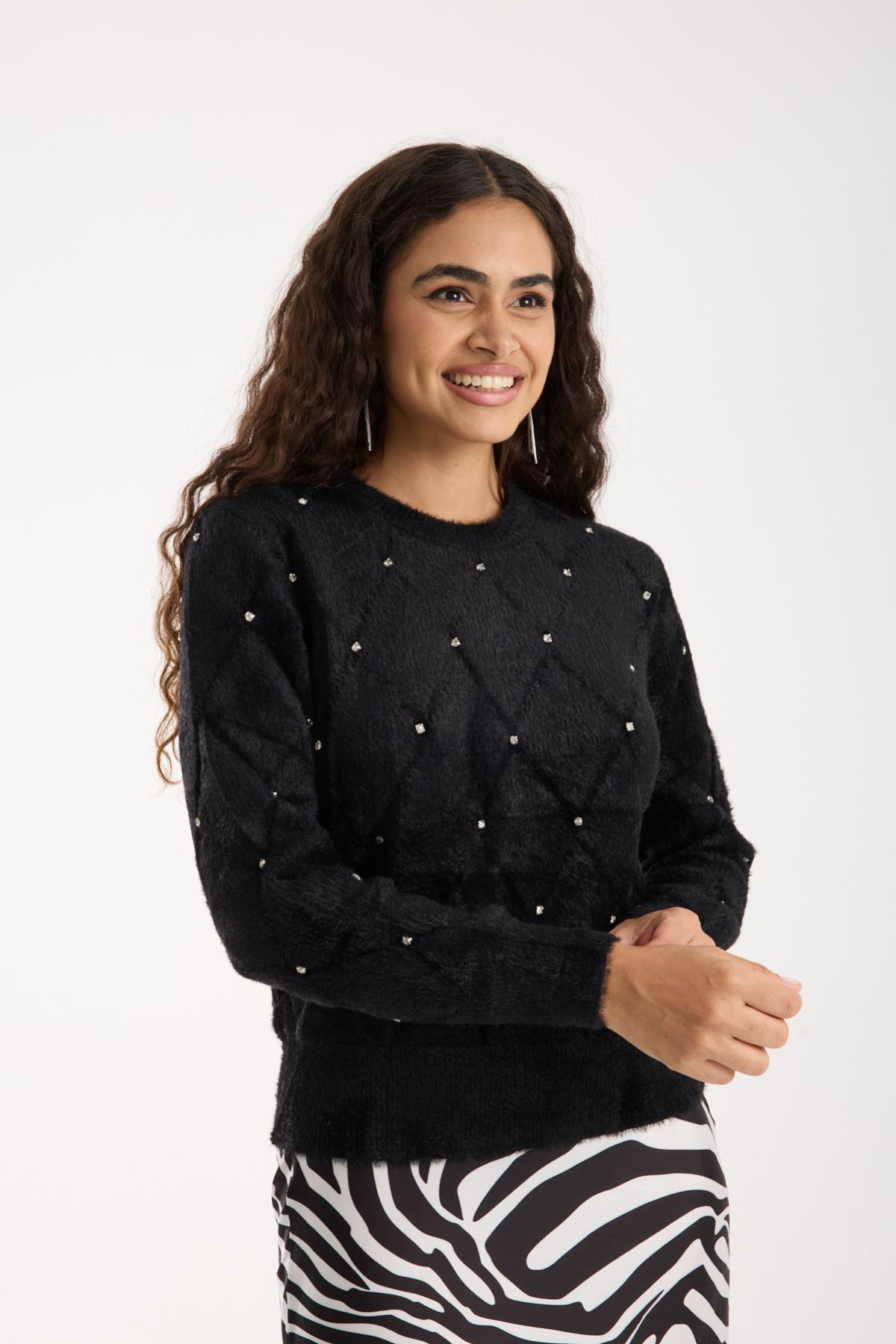 Wholesale Women Black Crew-Neck Knit Blouse with Rhinestone Embellishments 738891