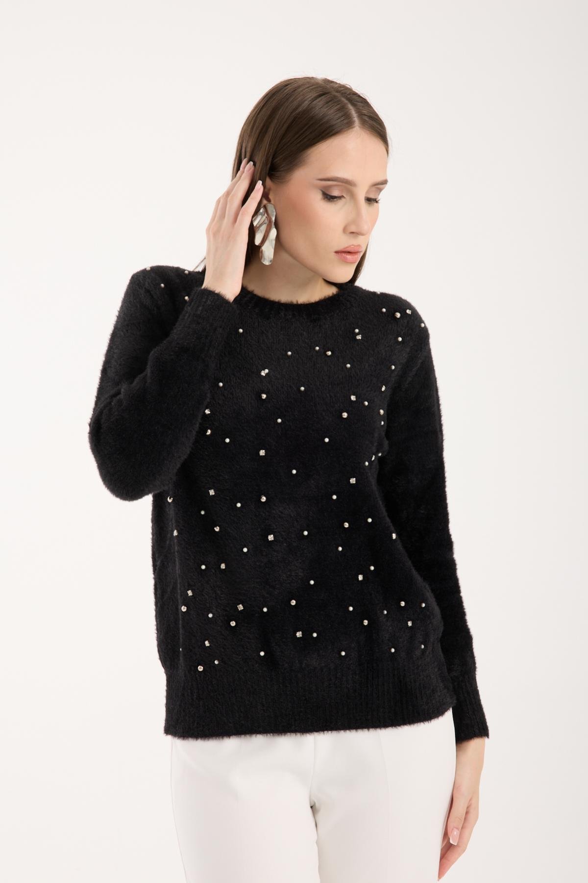 Wholesale Women Black Crew-Neck Knit Blouse with Rhinestone and Pearl Embellishments 738884