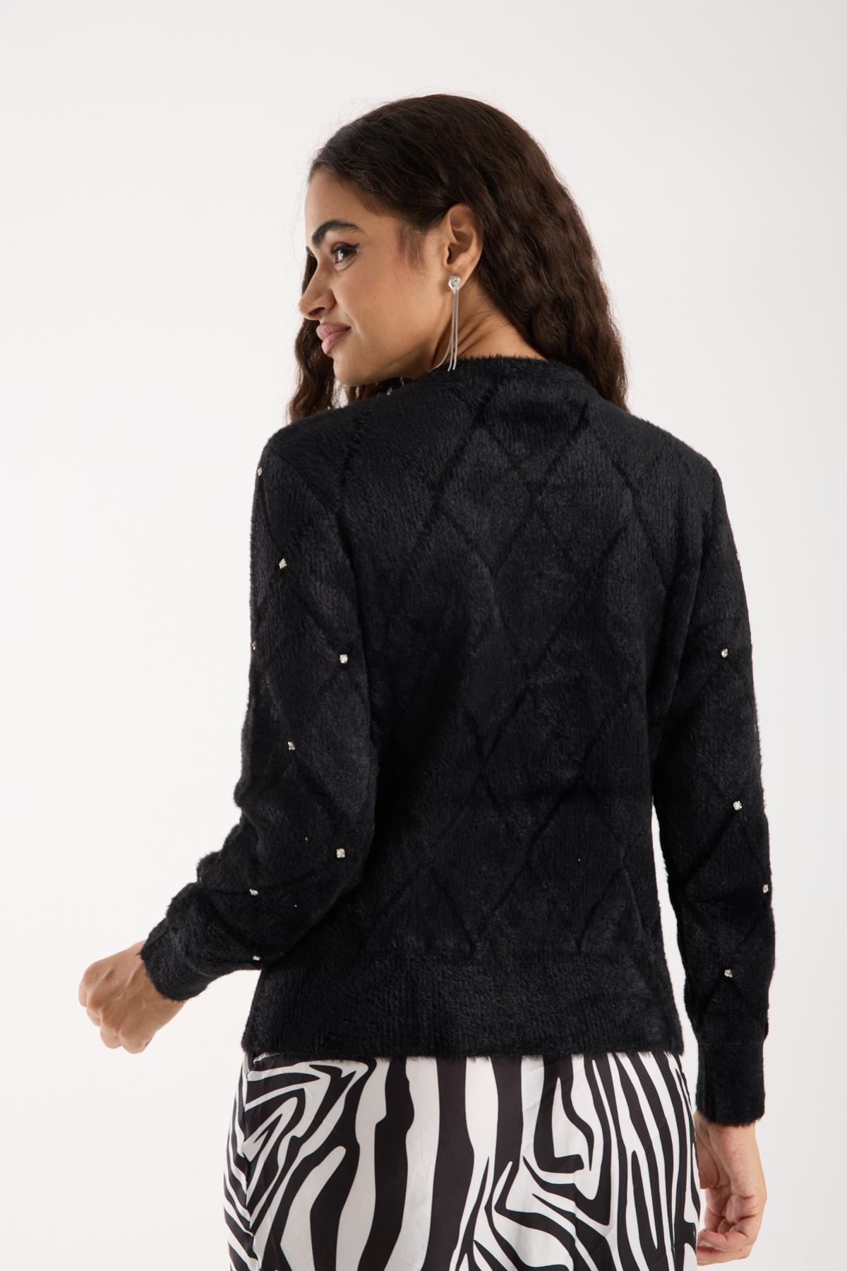 Wholesale Women Black Crew-Neck Knit Blouse with Rhinestone Embellishments 738891
