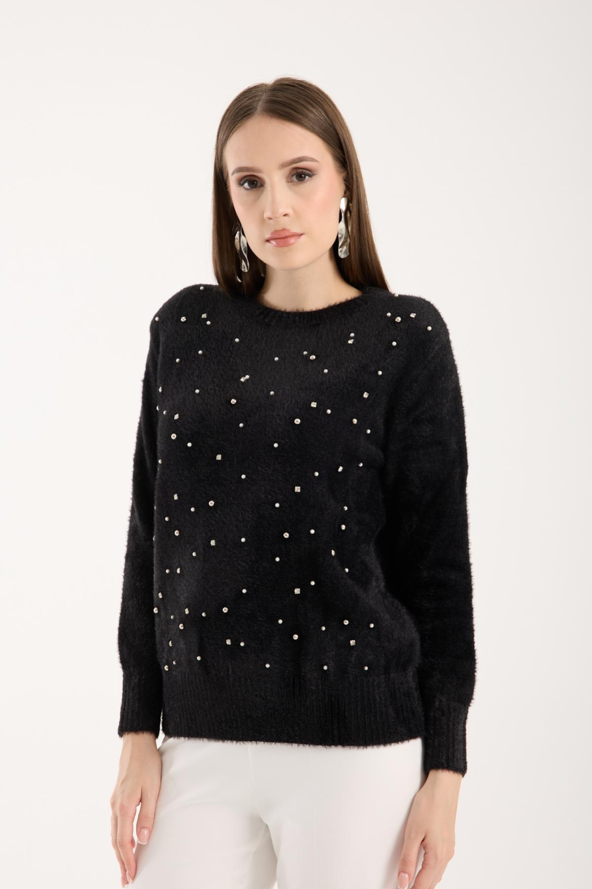 Wholesale Women Black Crew-Neck Knit Blouse with Rhinestone and Pearl Embellishments 738884
