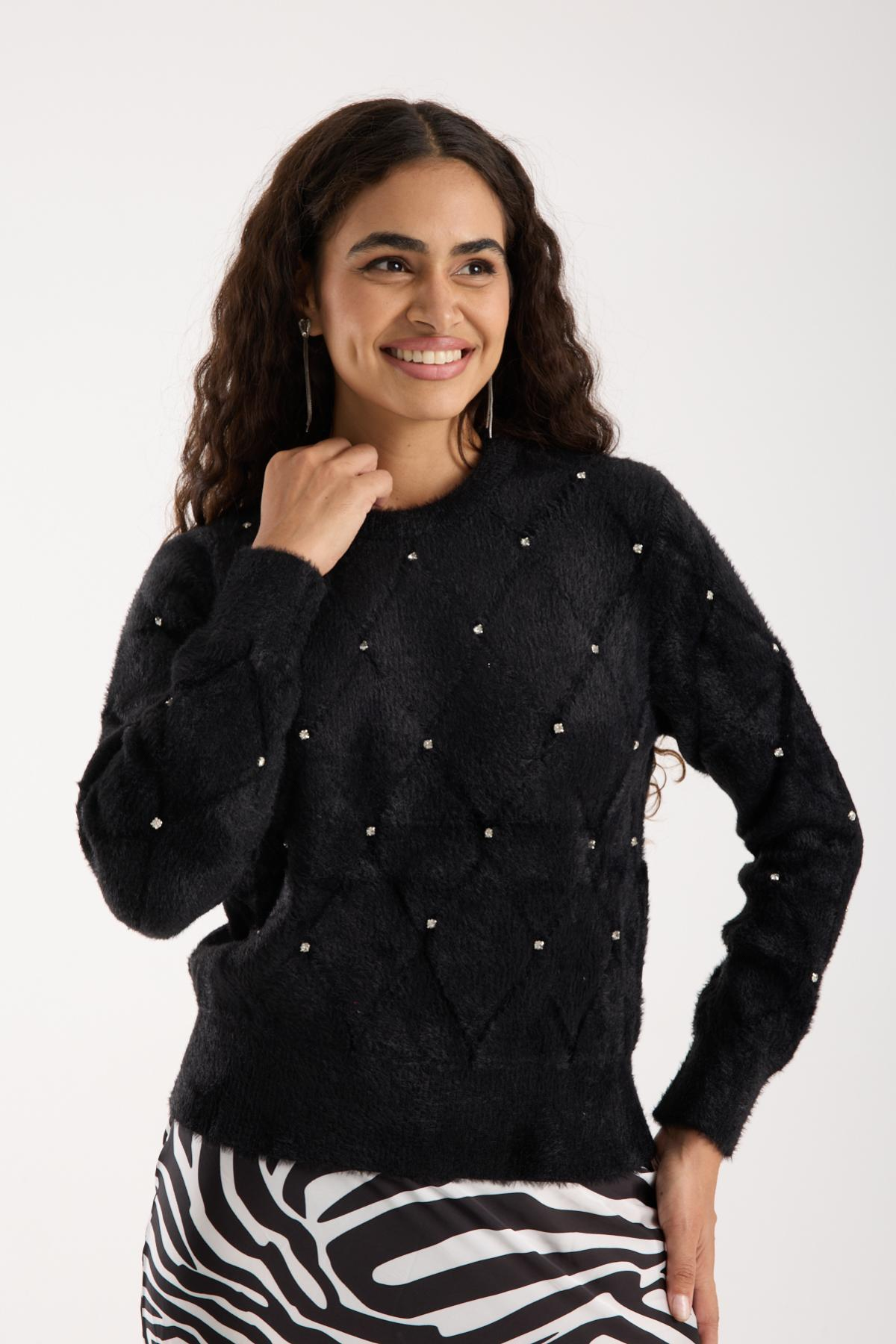 Wholesale Women Black Crew-Neck Knit Blouse with Rhinestone Embellishments 738891