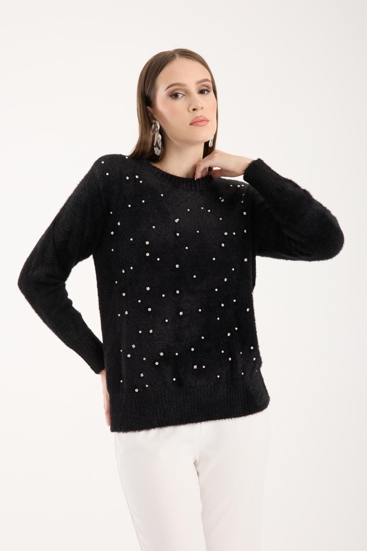 Wholesale Women Black Crew-Neck Knit Blouse with Rhinestone and Pearl Embellishments 738884
