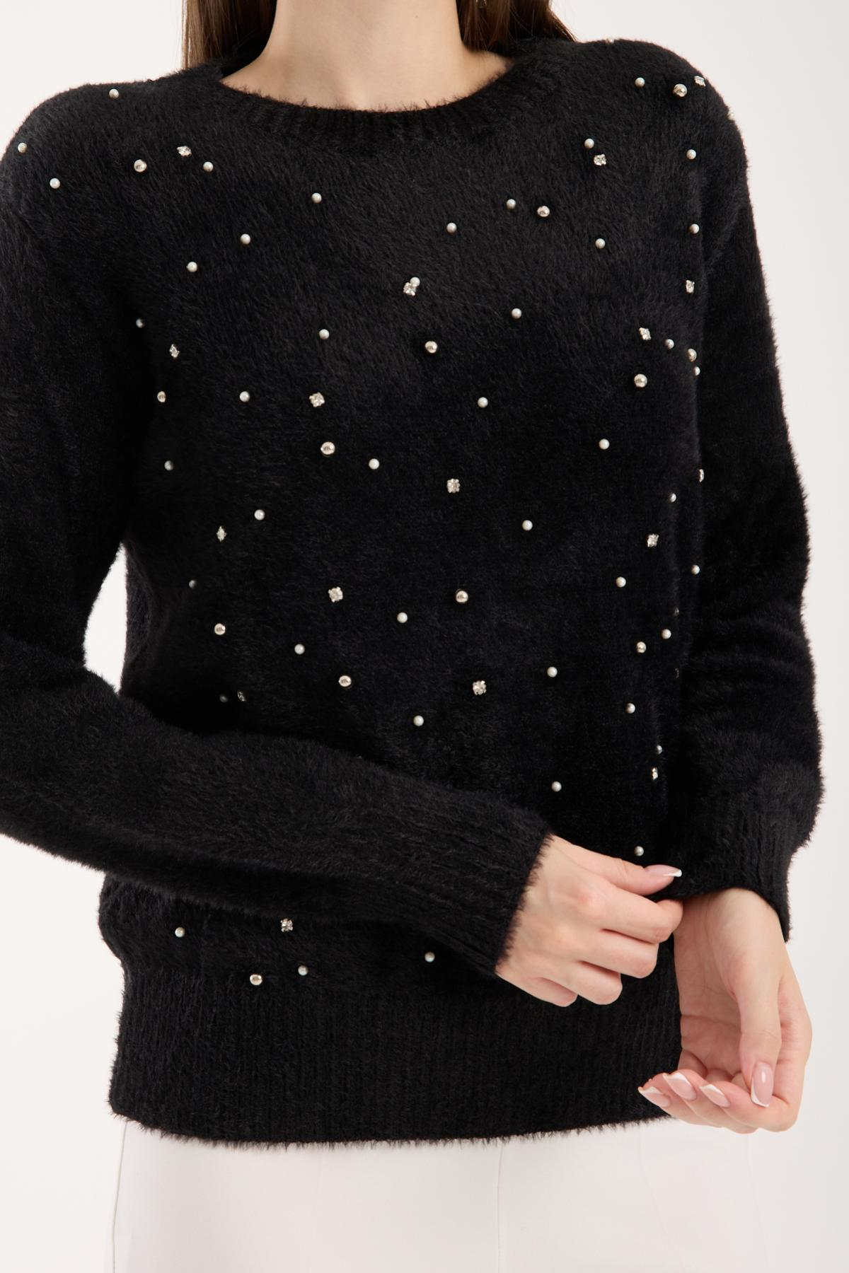Wholesale Women Black Crew-Neck Knit Blouse with Rhinestone and Pearl Embellishments 738884