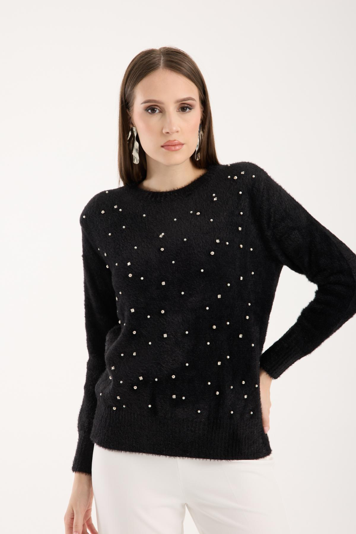 Wholesale Women Black Crew-Neck Knit Blouse with Rhinestone and Pearl Embellishments 738884