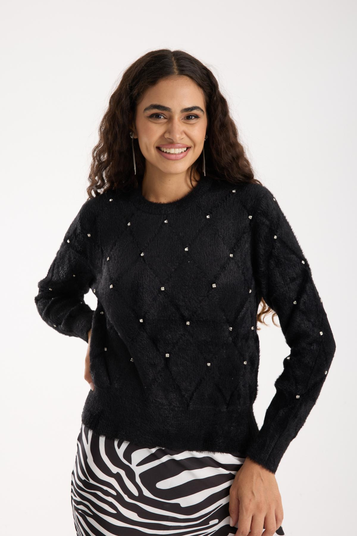 Wholesale Women Black Crew-Neck Knit Blouse with Rhinestone Embellishments 738891