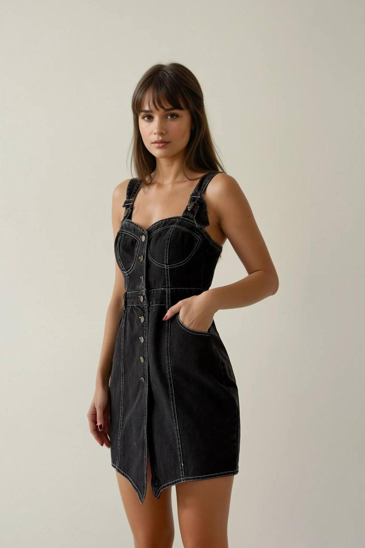 Wholesale Women Black Denim Dress 728348