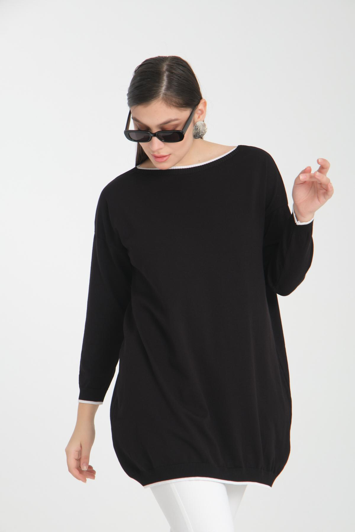 Wholesale Women Black Garnished Boat Neck Knit Blouse 722653