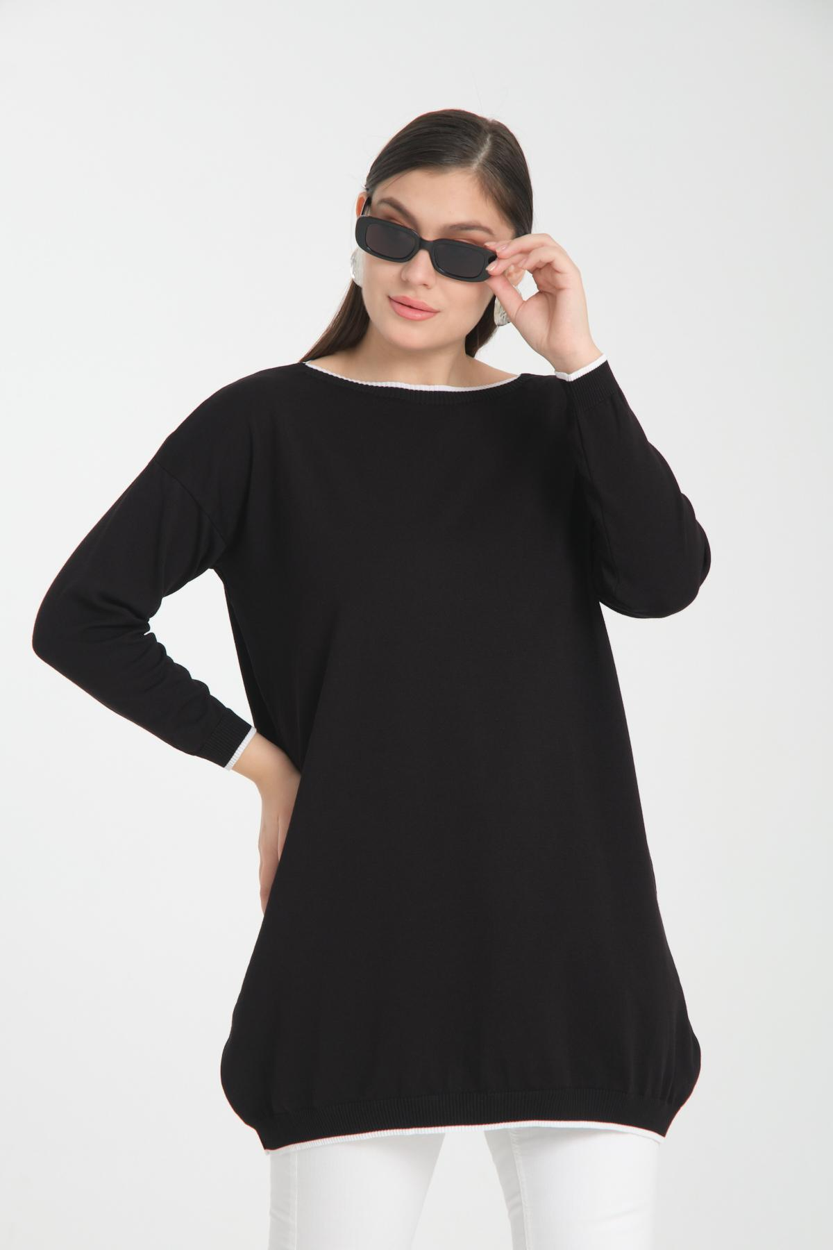 Wholesale Women Black Garnished Boat Neck Knit Blouse 722653