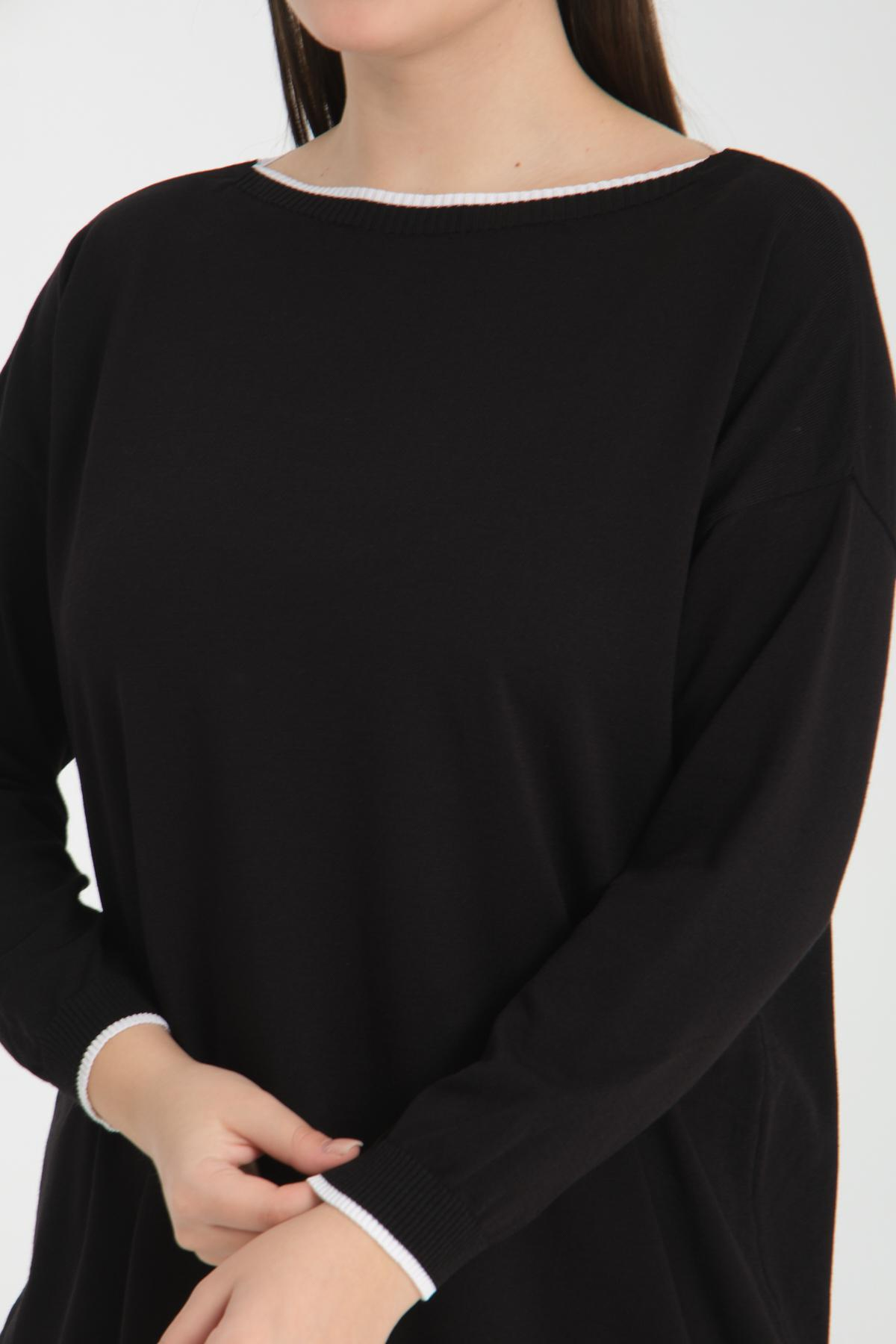 Wholesale Women Black Garnished Boat Neck Knit Blouse 722653
