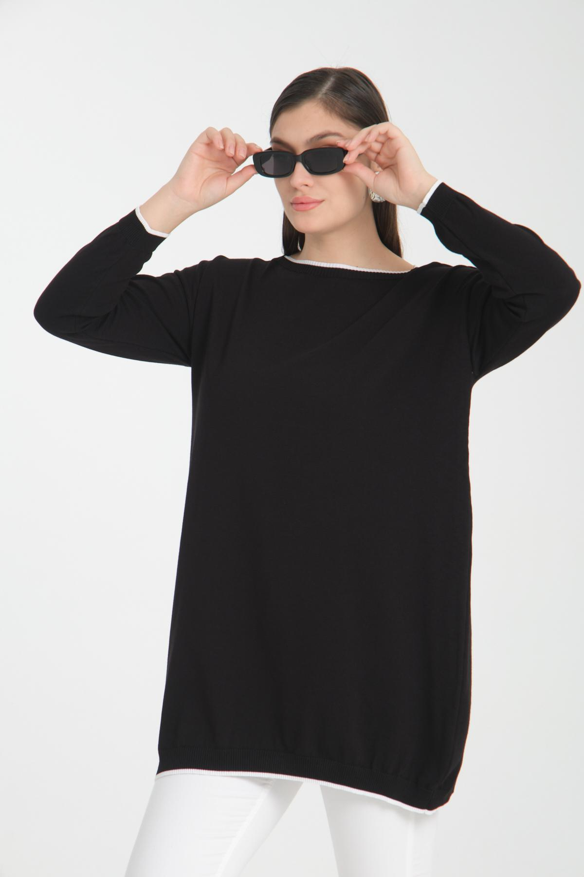 Wholesale Women Black Garnished Boat Neck Knit Blouse 722653